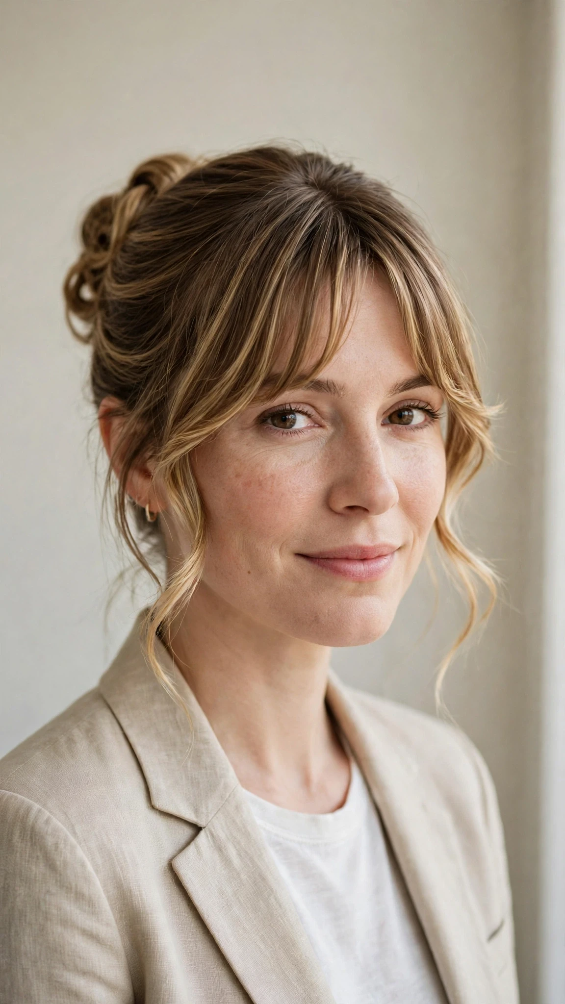Spring Bun Hairstyles With A Sleek Wrapped Bun For Work With Soft Bends And Flicked Ends, Curtain Pieces And Soft Golden Pieces