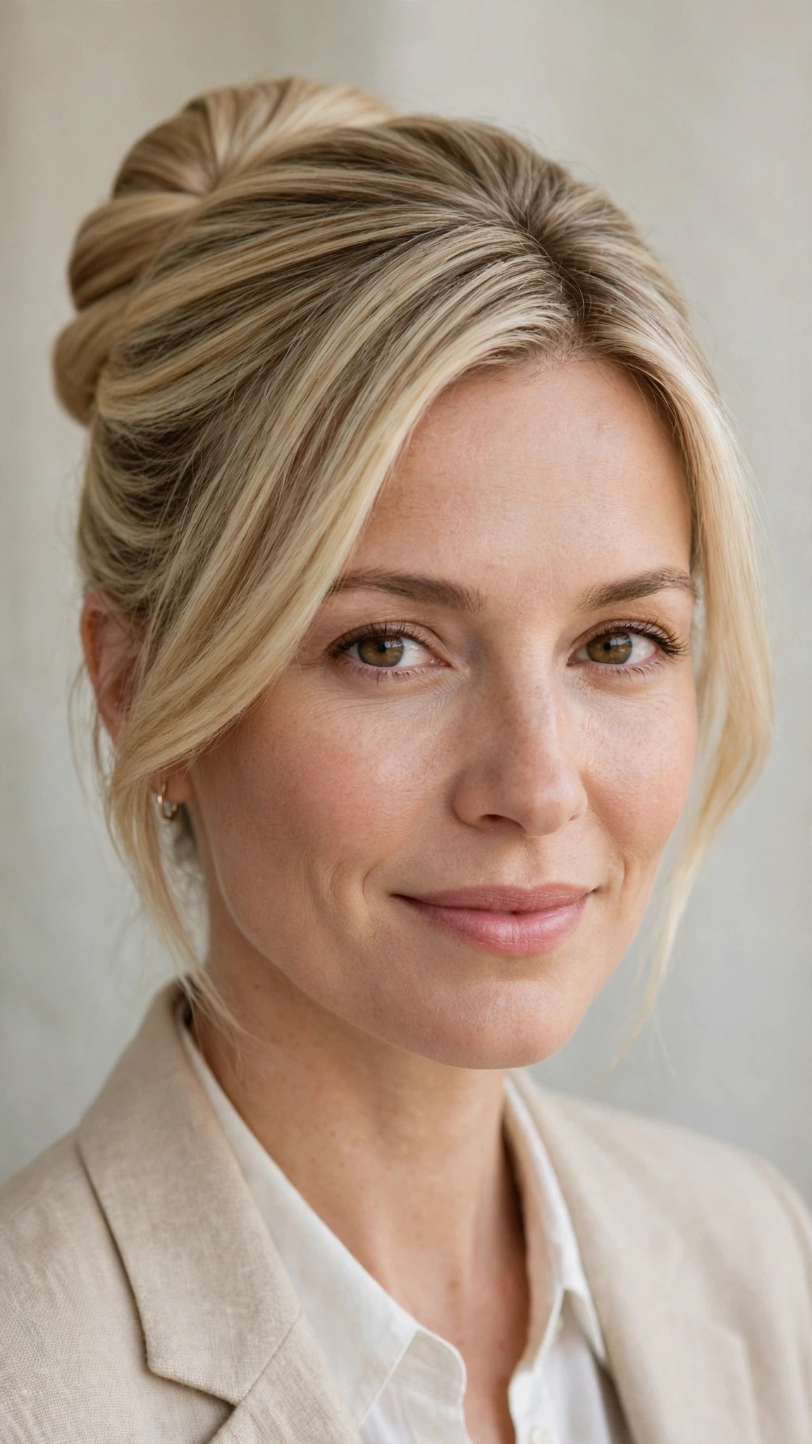 Spring Bun Hairstyles With A Sleek Wrapped Bun For Work With Silky Smooth Strands, Graduated Layers And Delicate Blonde Dimension
