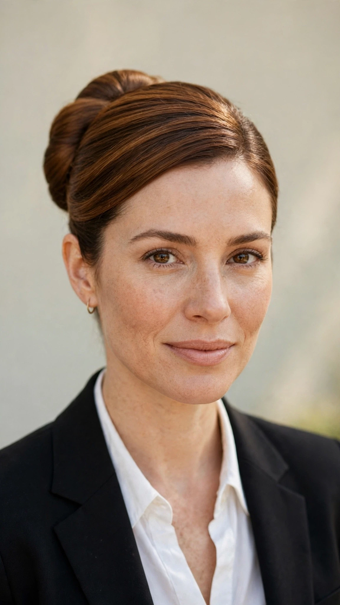 Spring Bun Hairstyles With A Sleek Wrapped Bun For Work With A Sleek Straight Finish, Long Soft Layers And Warm Chestnut Warmth