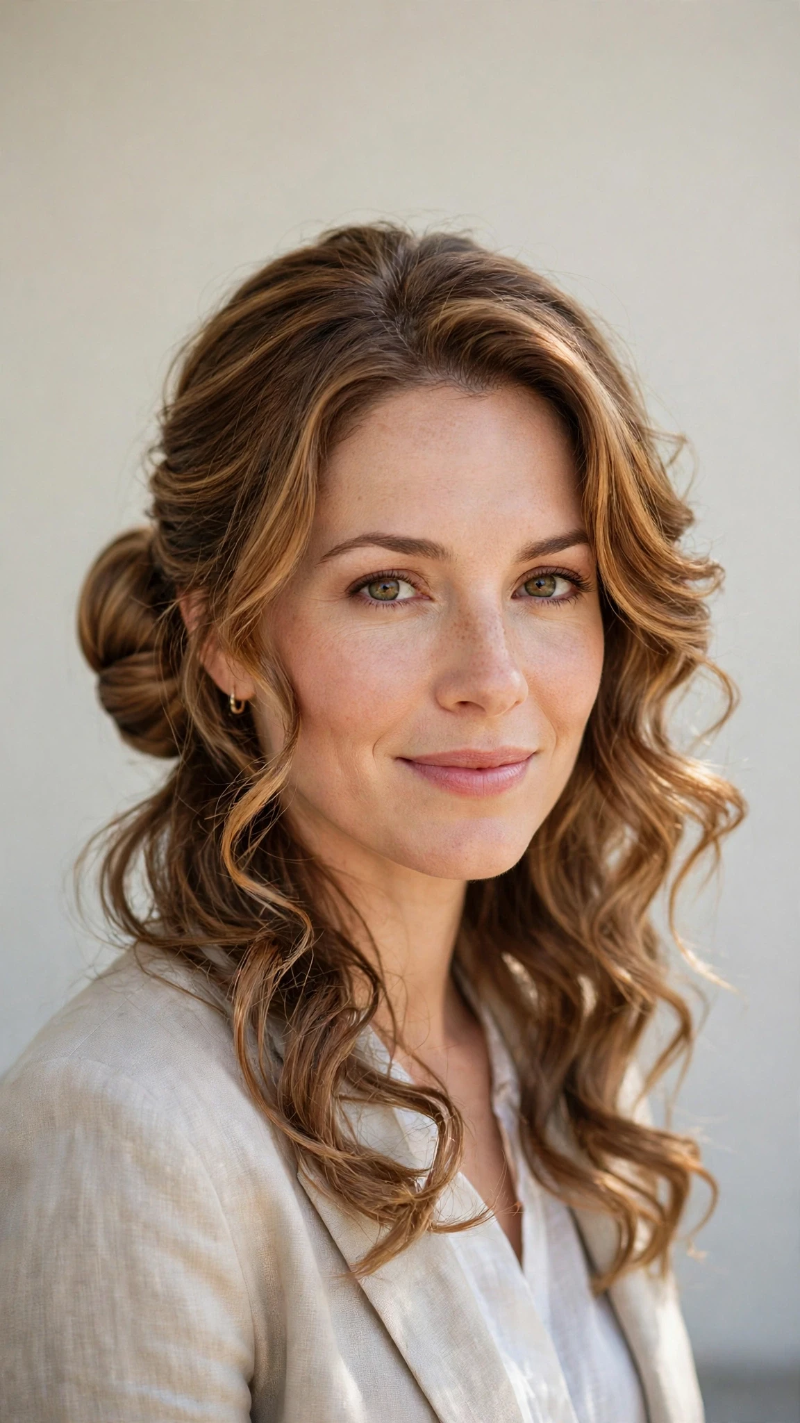 Spring Bun Hairstyles With A Sleek Wrapped Bun For Work With Loose Romantic Curls, A Layered Shape That Moves And Warm Caramel Tones