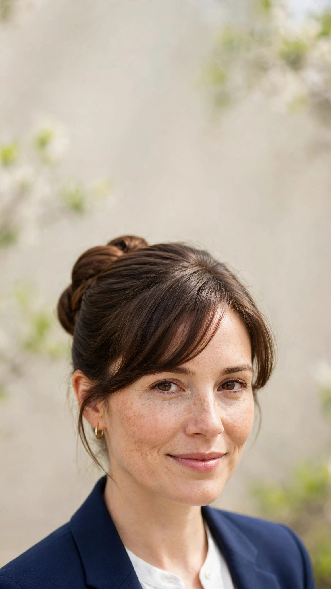 Spring Bun Hairstyles With A Sleek Wrapped Bun For Work With Silky Smooth Strands, A Soft Side-Swept Fringe And Natural Brunette Depth