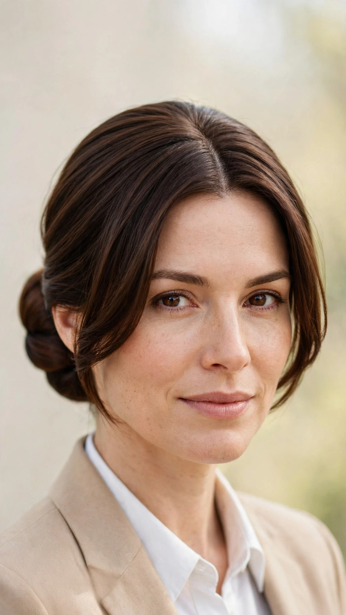 Spring Bun Hairstyles With A Sleek Wrapped Bun For Work With A Sleek Straight Finish, A Centre Part With Soft Layers And Rich Chocolate Depth