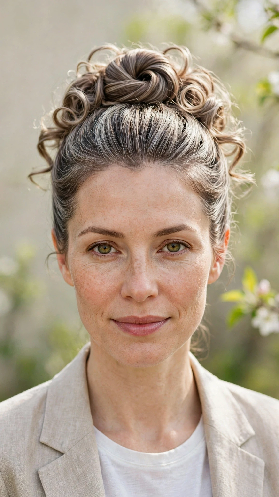 Spring Bun Hairstyles With A Sleek Wrapped Bun For Work With Loose Romantic Curls, Feathered Ends And Silver-Blended Brightness