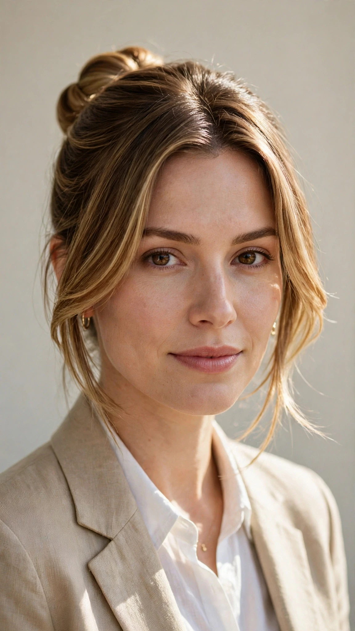 Spring Bun Hairstyles With A Sleek Wrapped Bun For Work With Silky Smooth Strands, Face-Framing Layers And Sunlit Dimension