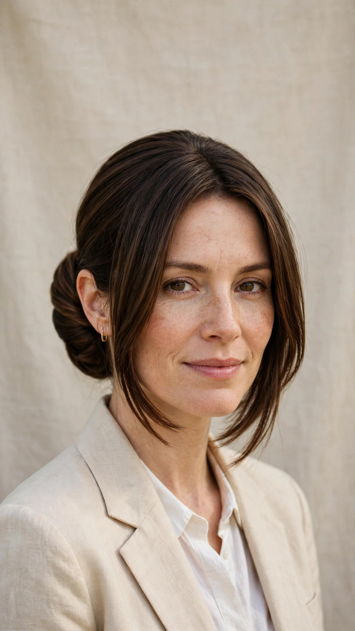 Spring Bun Hairstyles With A Sleek Wrapped Bun For Work With A Sleek Straight Finish, Blunt Ends With Soft Layers And Natural Brunette Depth