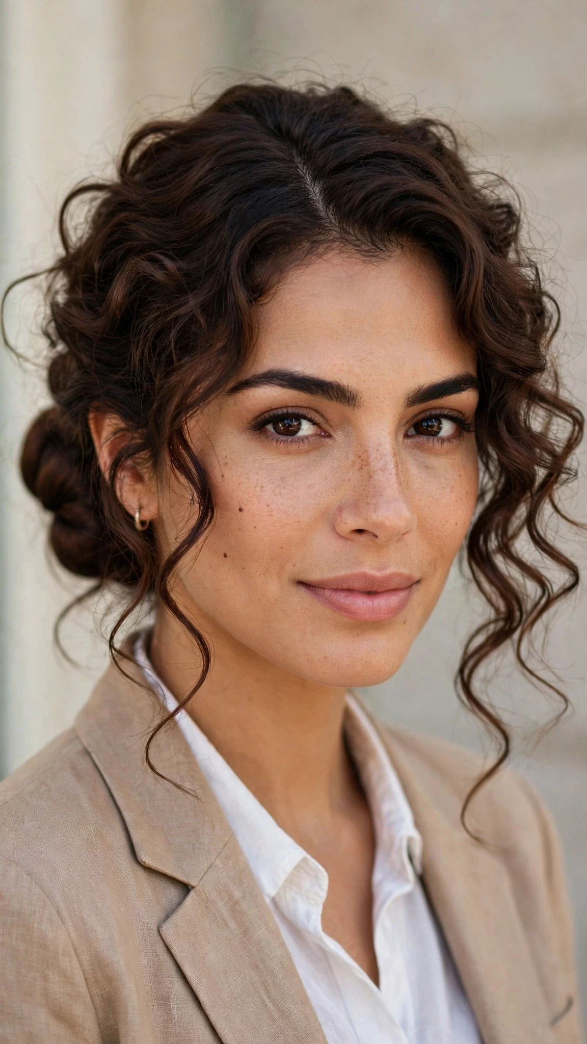 Spring Bun Hairstyles With A Sleek Wrapped Bun For Work With Loose Romantic Curls, A Deep Side Part And Rich Chocolate Depth