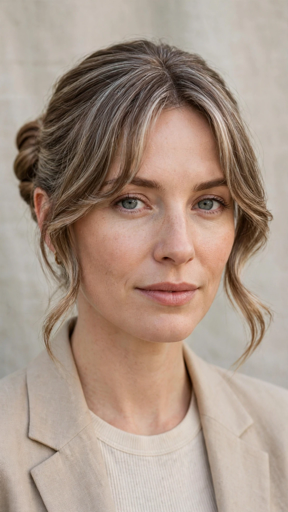 Spring Bun Hairstyles With A Sleek Wrapped Bun For Work With Soft Bends And Flicked Ends, Curtain Pieces And Silver-Blended Brightness
