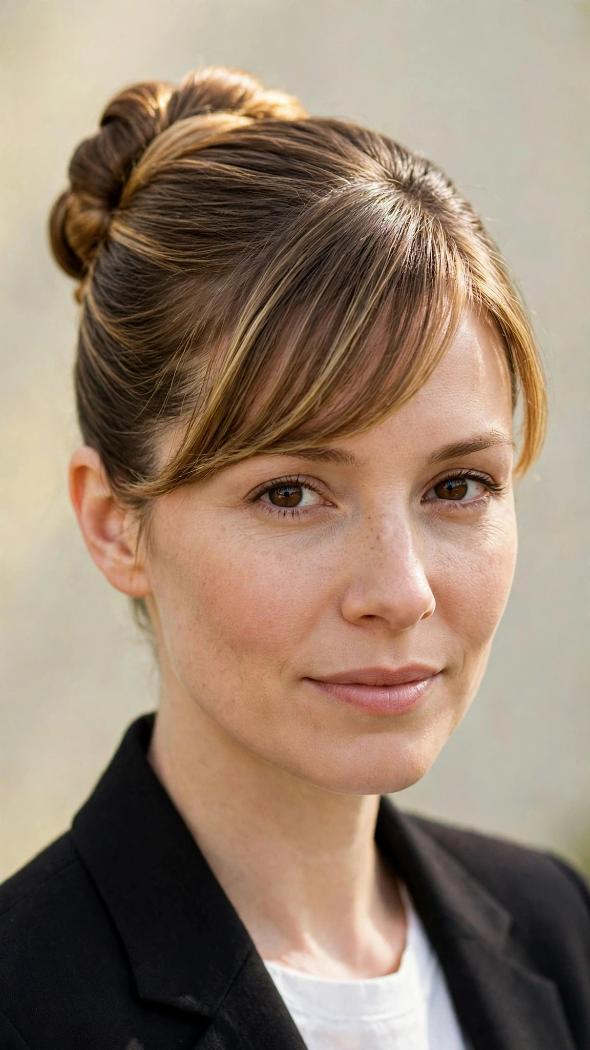 Spring Bun Hairstyles With A Sleek Wrapped Bun For Work With Silky Smooth Strands, A Soft Side-Swept Fringe And Soft Golden Pieces