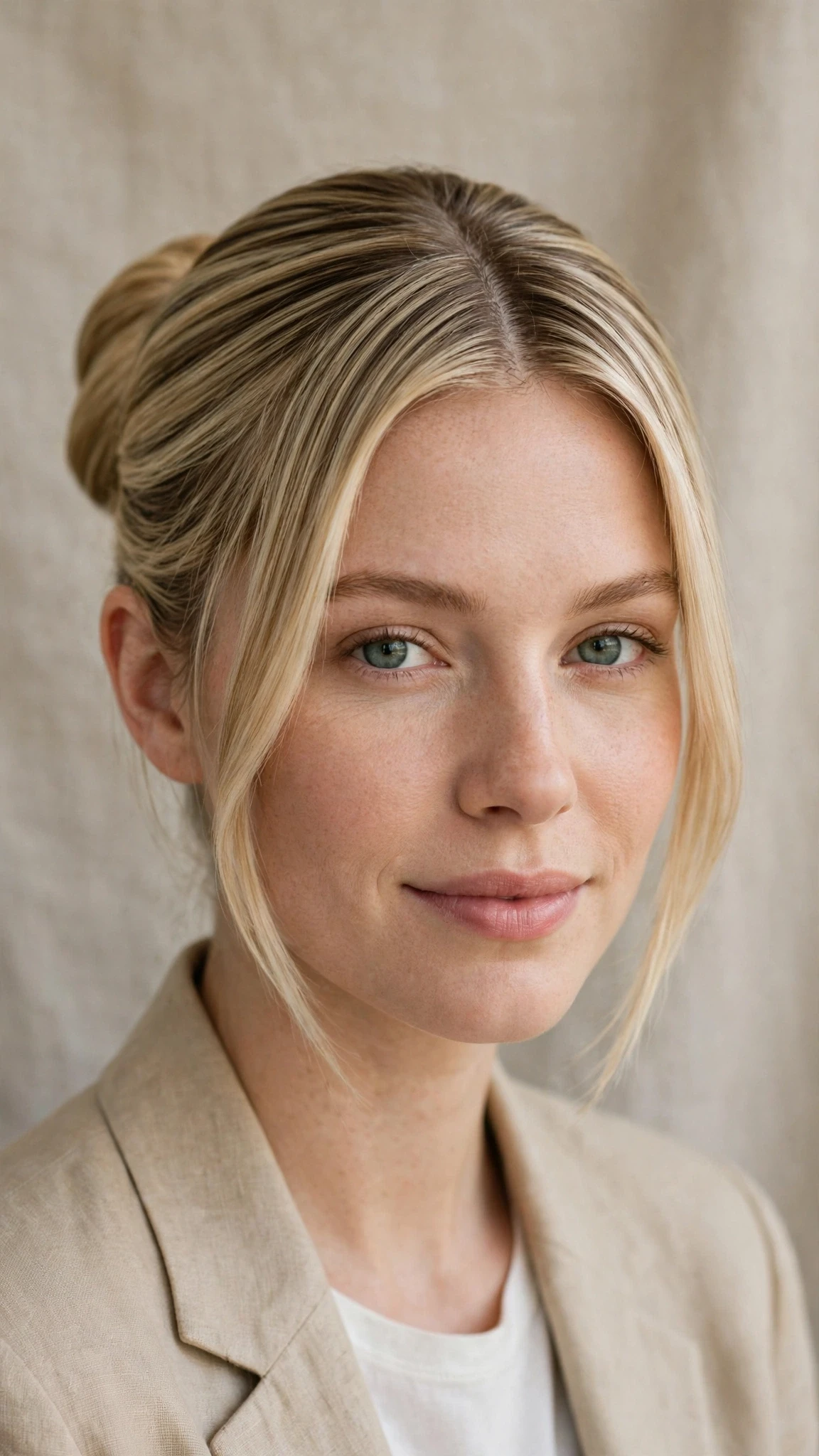 Spring Bun Hairstyles With A Sleek Wrapped Bun For Work With A Sleek Straight Finish, A Centre Part With Soft Layers And Delicate Blonde Dimension