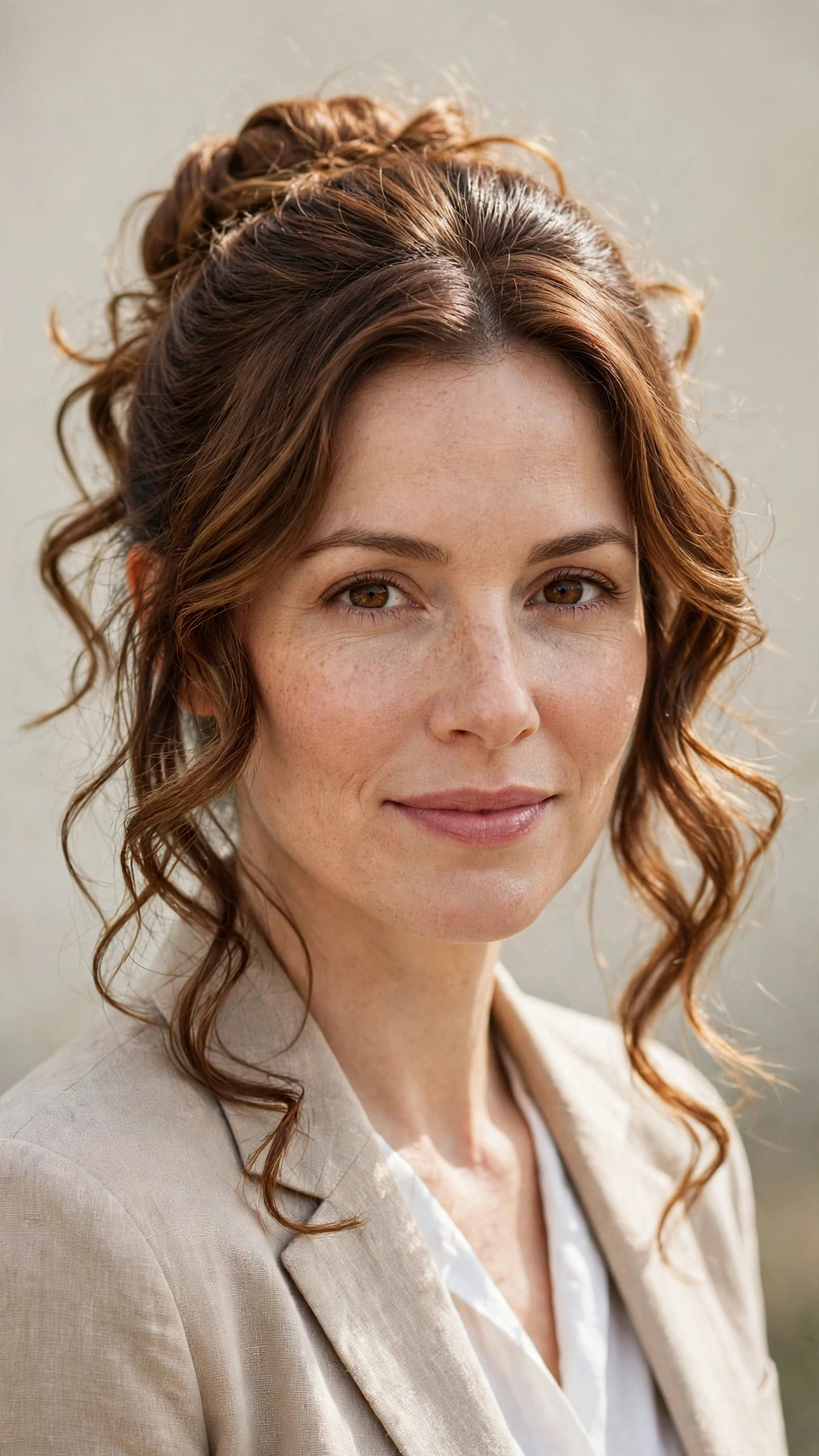 Spring Bun Hairstyles With A Sleek Wrapped Bun For Work With Loose Romantic Curls, Feathered Ends And Warm Chestnut Warmth