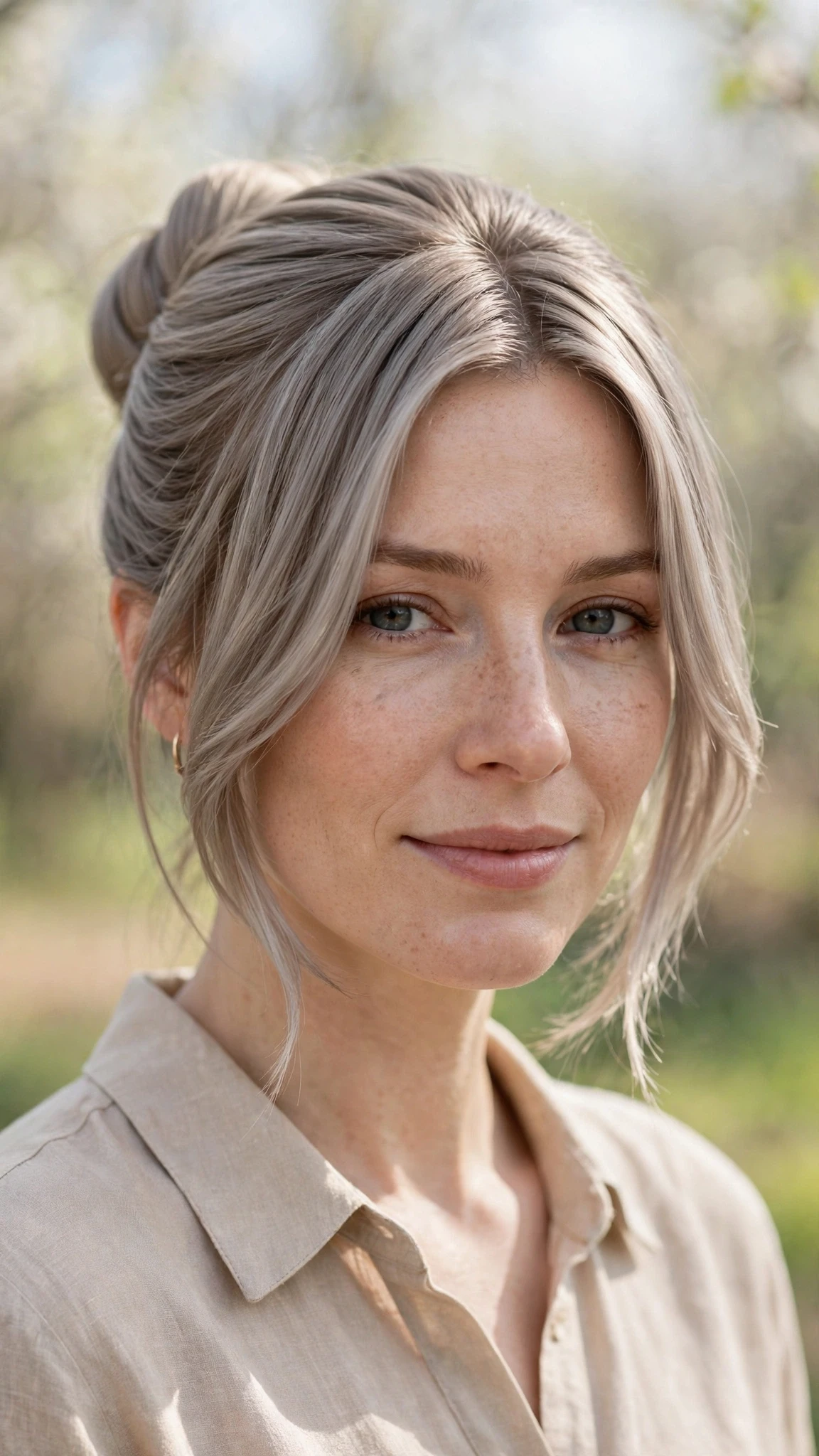 Spring Bun Hairstyles With A Sleek Wrapped Bun For Work With Silky Smooth Strands, Face-Framing Layers And Cool Ash Softness