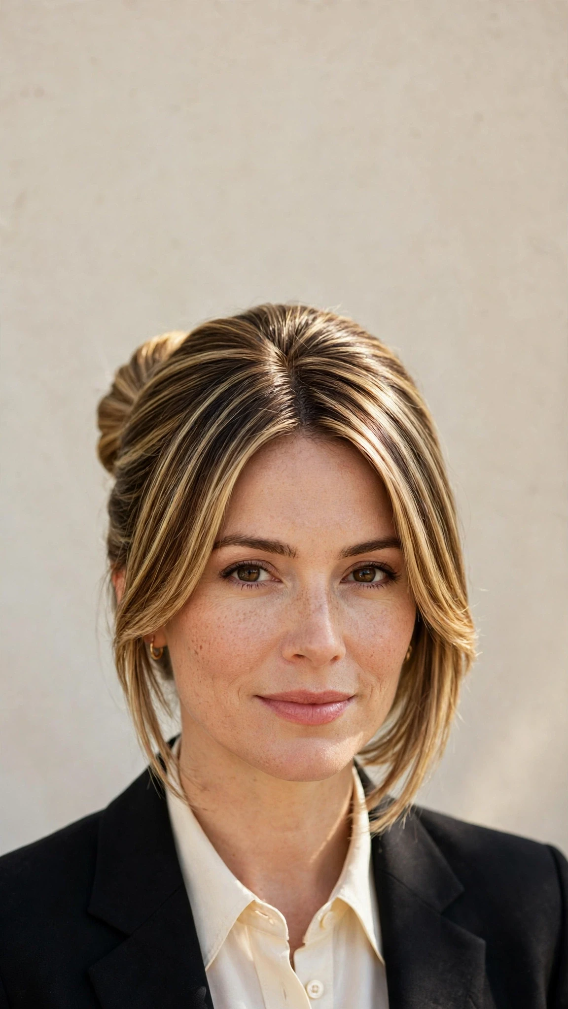 Spring Bun Hairstyles With A Sleek Wrapped Bun For Work With A Sleek Straight Finish, Blunt Ends With Soft Layers And Soft Golden Pieces