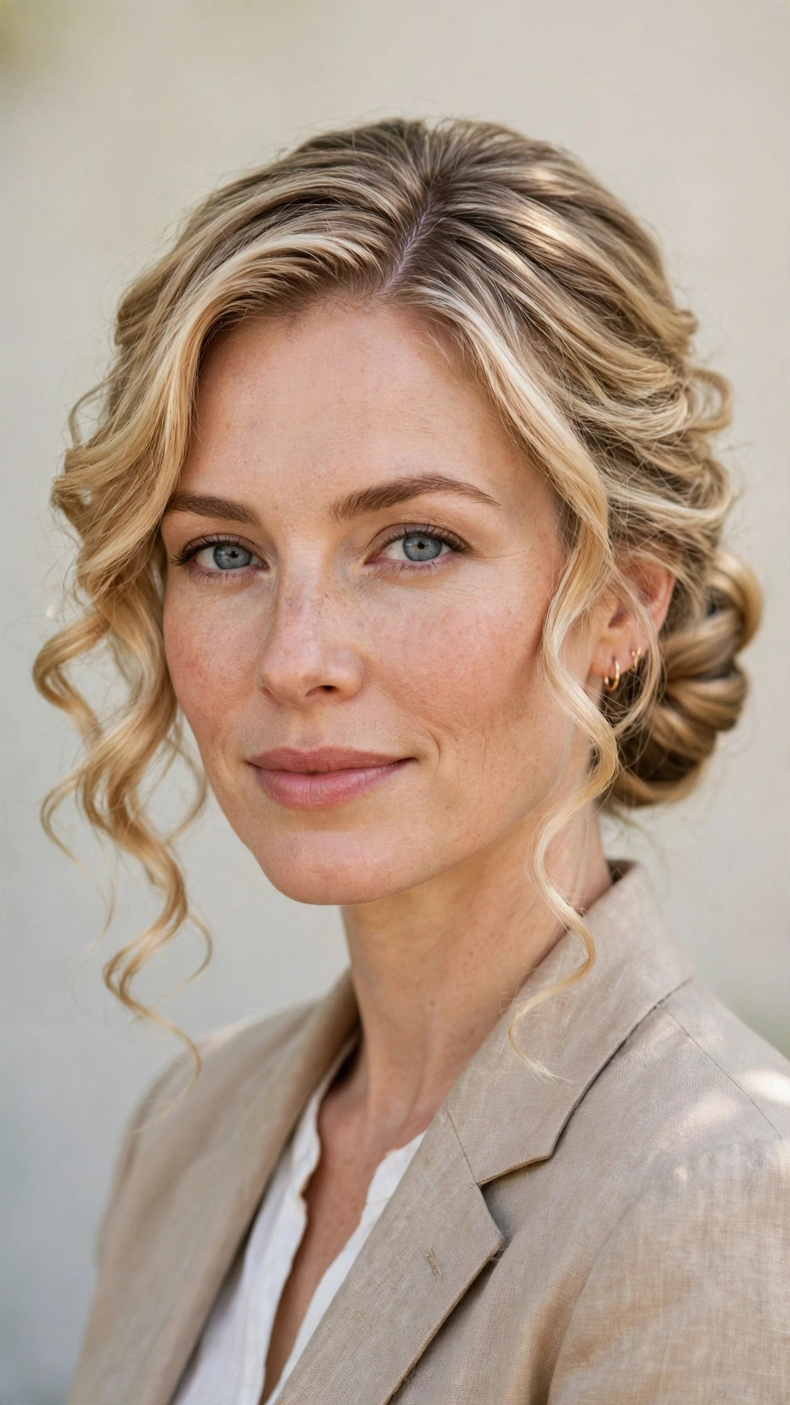 Spring Bun Hairstyles With A Sleek Wrapped Bun For Work With Loose Romantic Curls, A Deep Side Part And Delicate Blonde Dimension