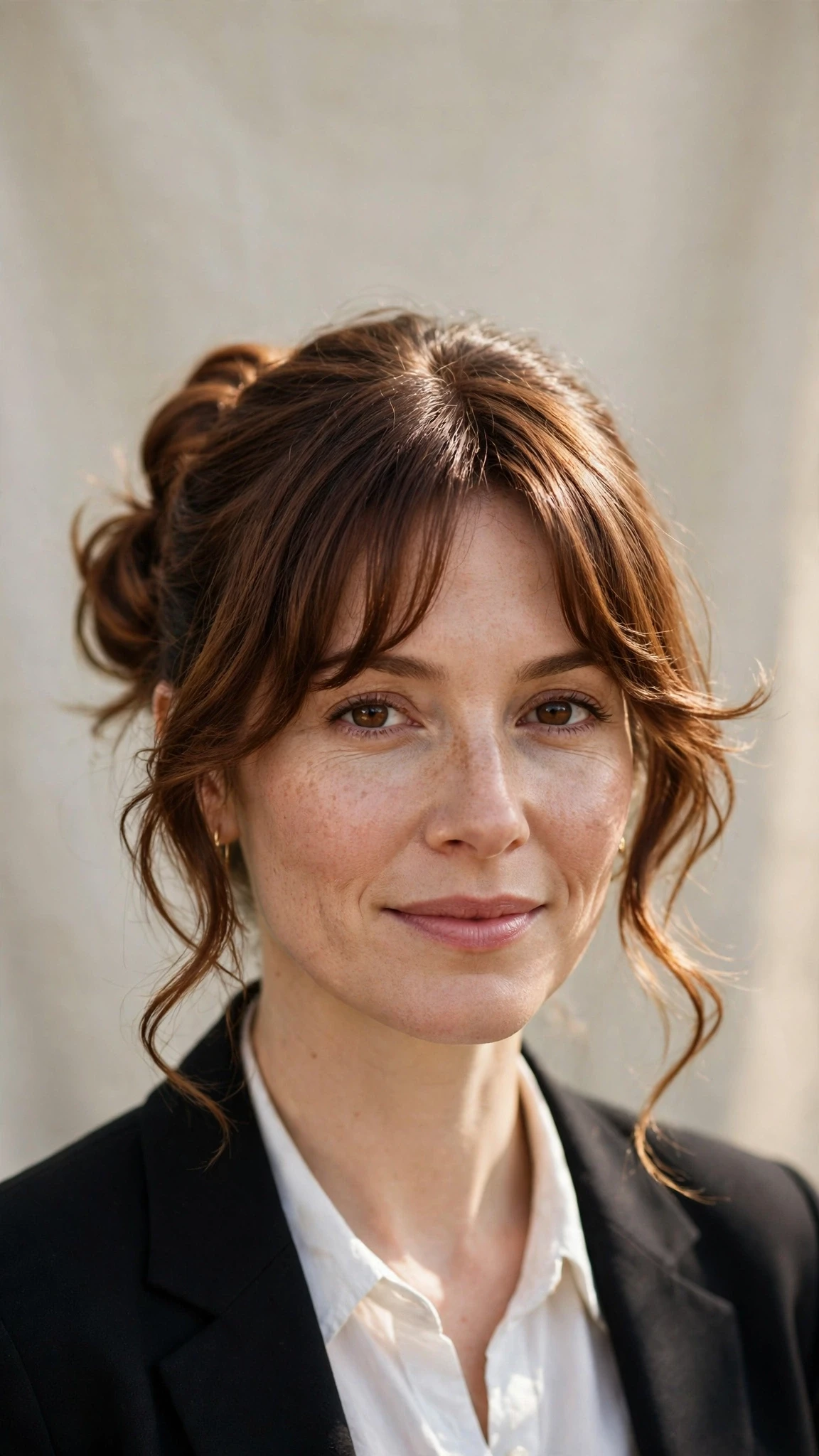 Spring Bun Hairstyles With A Sleek Wrapped Bun For Work With Soft Bends And Flicked Ends, Curtain Pieces And Warm Chestnut Warmth