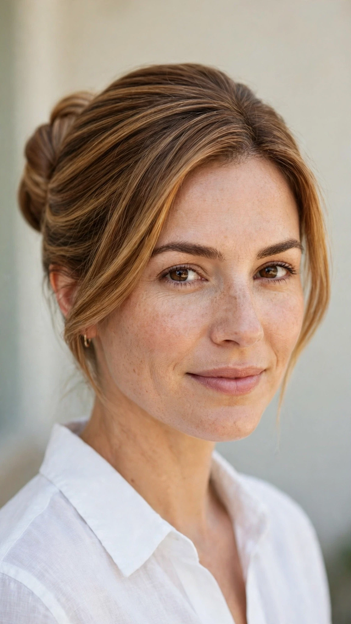 Spring Bun Hairstyles With A Sleek Wrapped Bun For Work With Silky Smooth Strands, Graduated Layers And Warm Caramel Tones