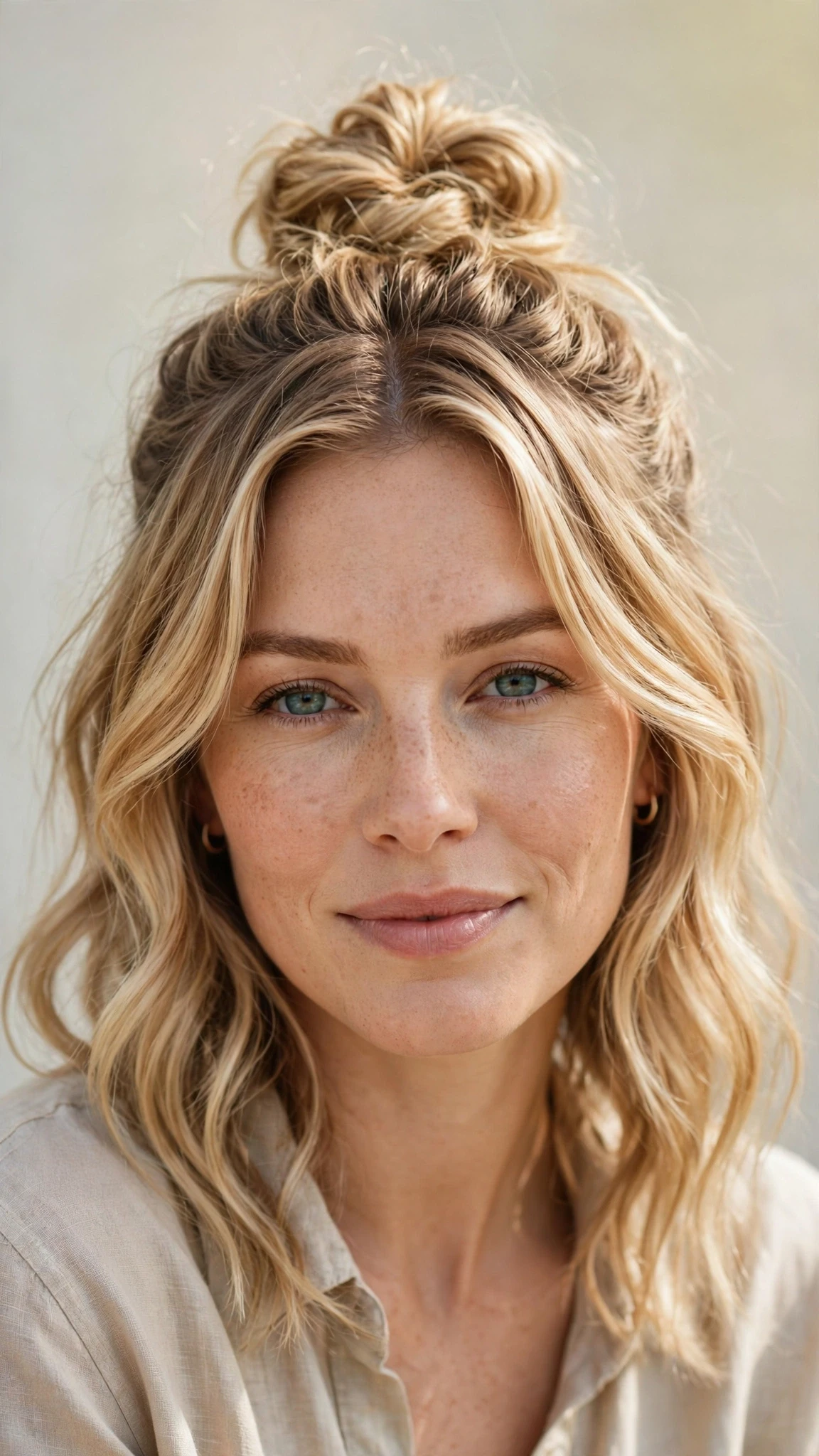 Spring Bun Hairstyles With A Textured Top Knot For Warm Days With Soft Waves, Face-Framing Layers And Honey Blonde Shine