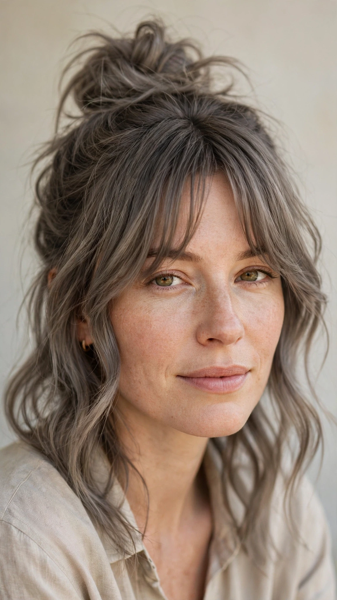 Spring Bun Hairstyles With A Textured Top Knot For Warm Days With A Relaxed Lived-In Wave, Curtain Pieces And Cool Ash Softness
