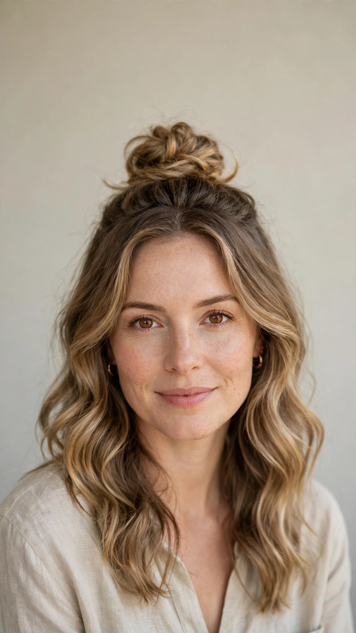Spring Bun Hairstyles With A Textured Top Knot For Warm Days With Soft Waves, Graduated Layers And Soft Golden Pieces