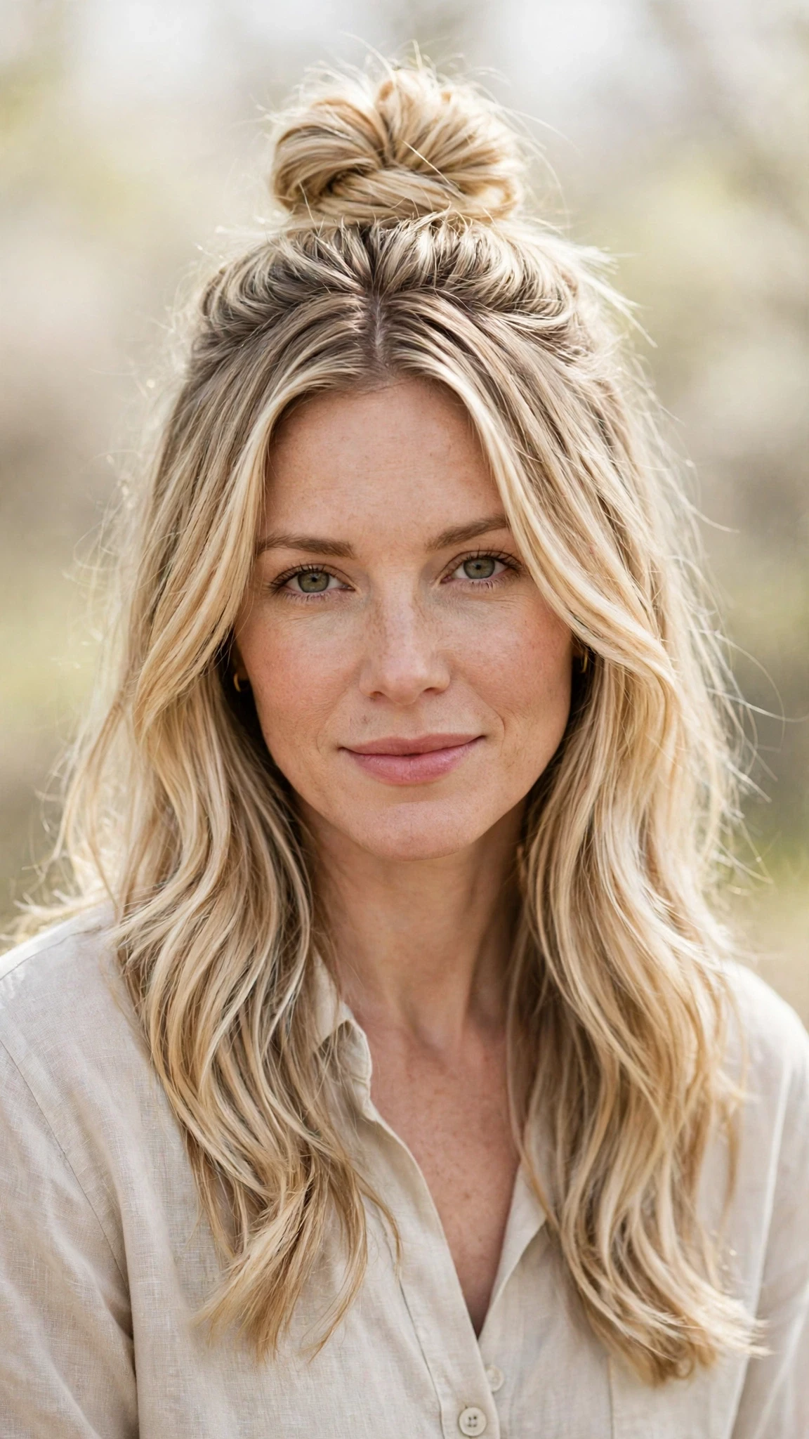 Spring Bun Hairstyles With A Textured Top Knot For Warm Days With A Polished Blowout, Long Soft Layers And Delicate Blonde Dimension