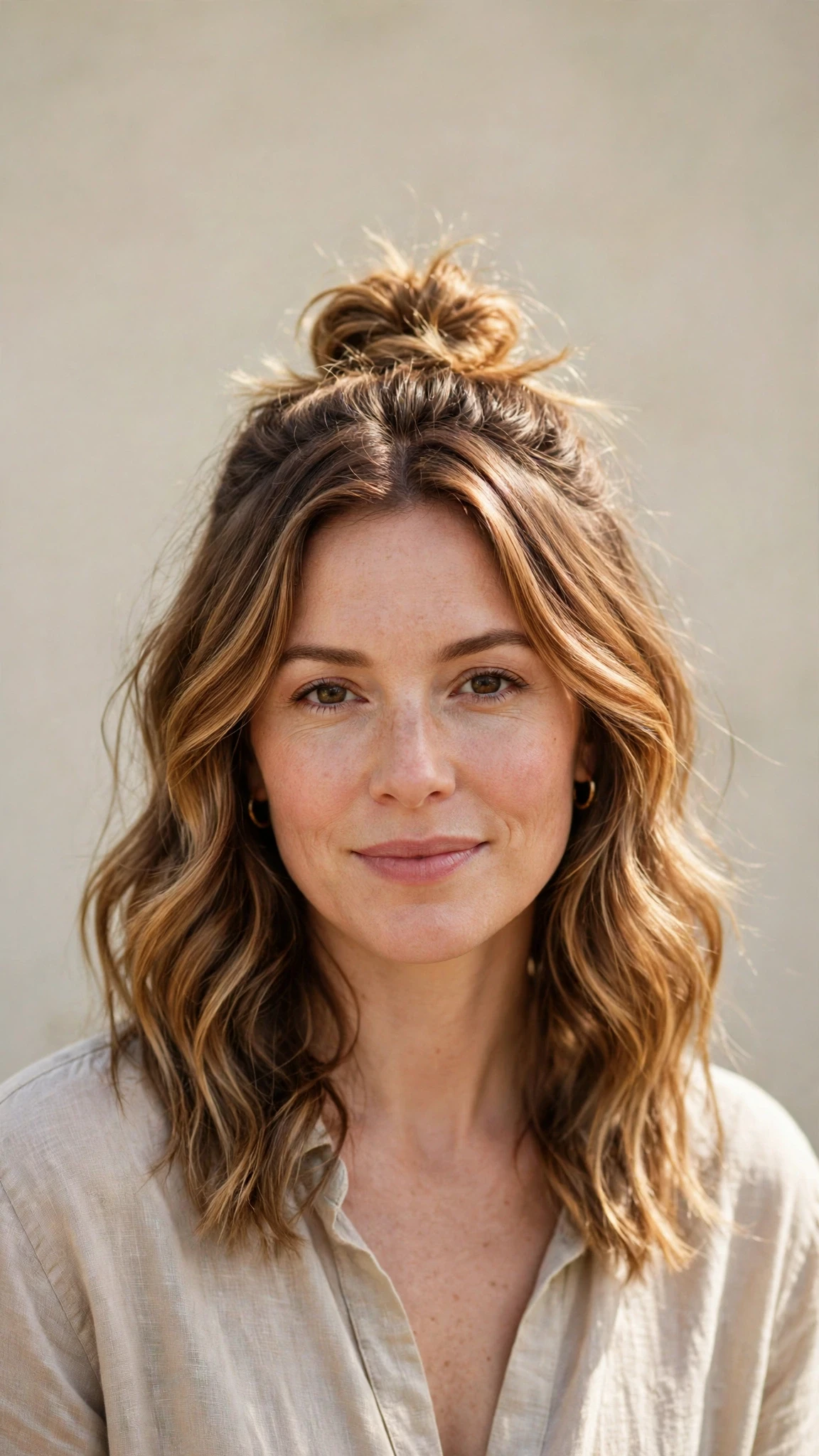 Spring Bun Hairstyles With A Textured Top Knot For Warm Days With A Relaxed Lived-In Wave, Subtle Internal Layers And Warm Caramel Tones