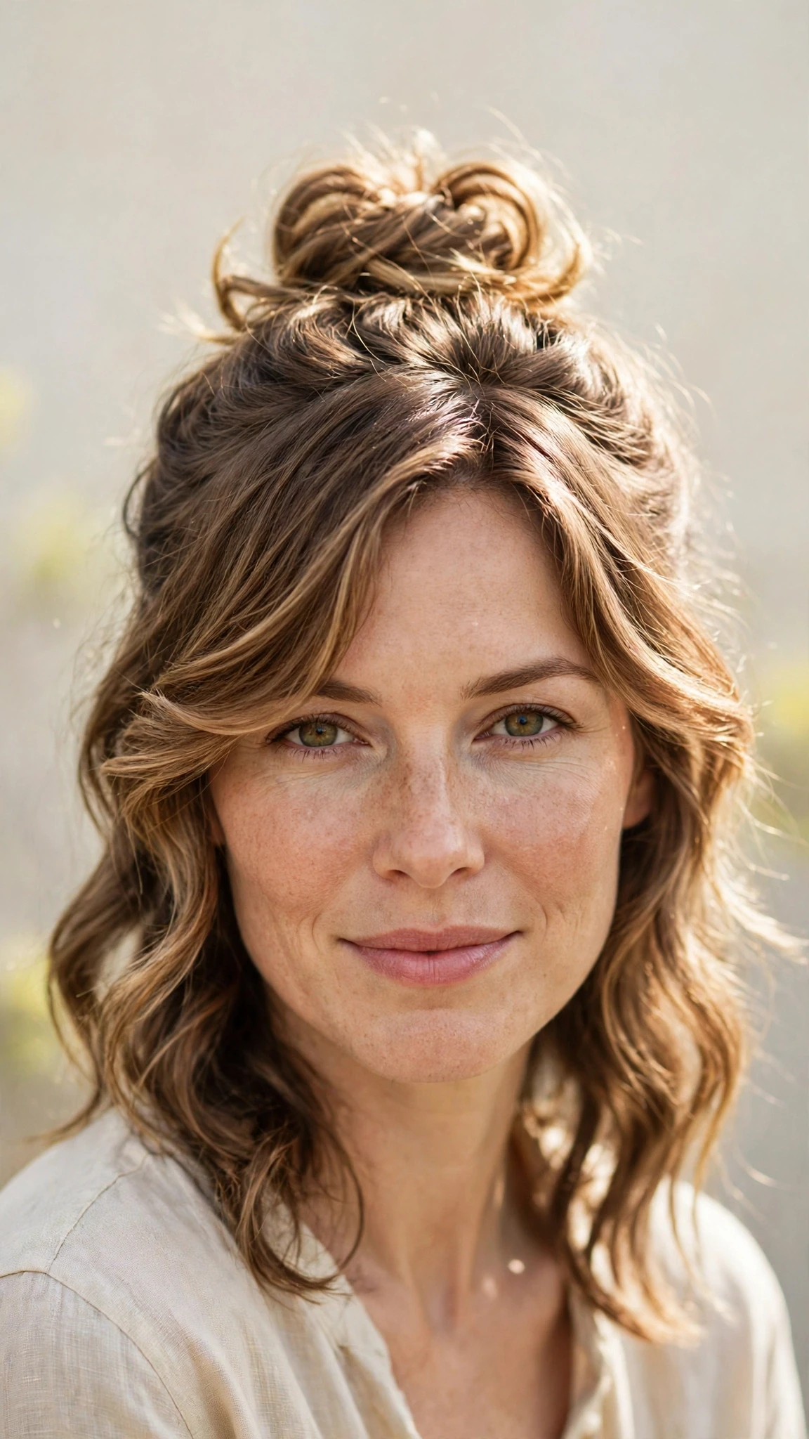 Spring Bun Hairstyles With A Textured Top Knot For Warm Days With Soft Waves, A Soft Side-Swept Fringe And Sunlit Dimension