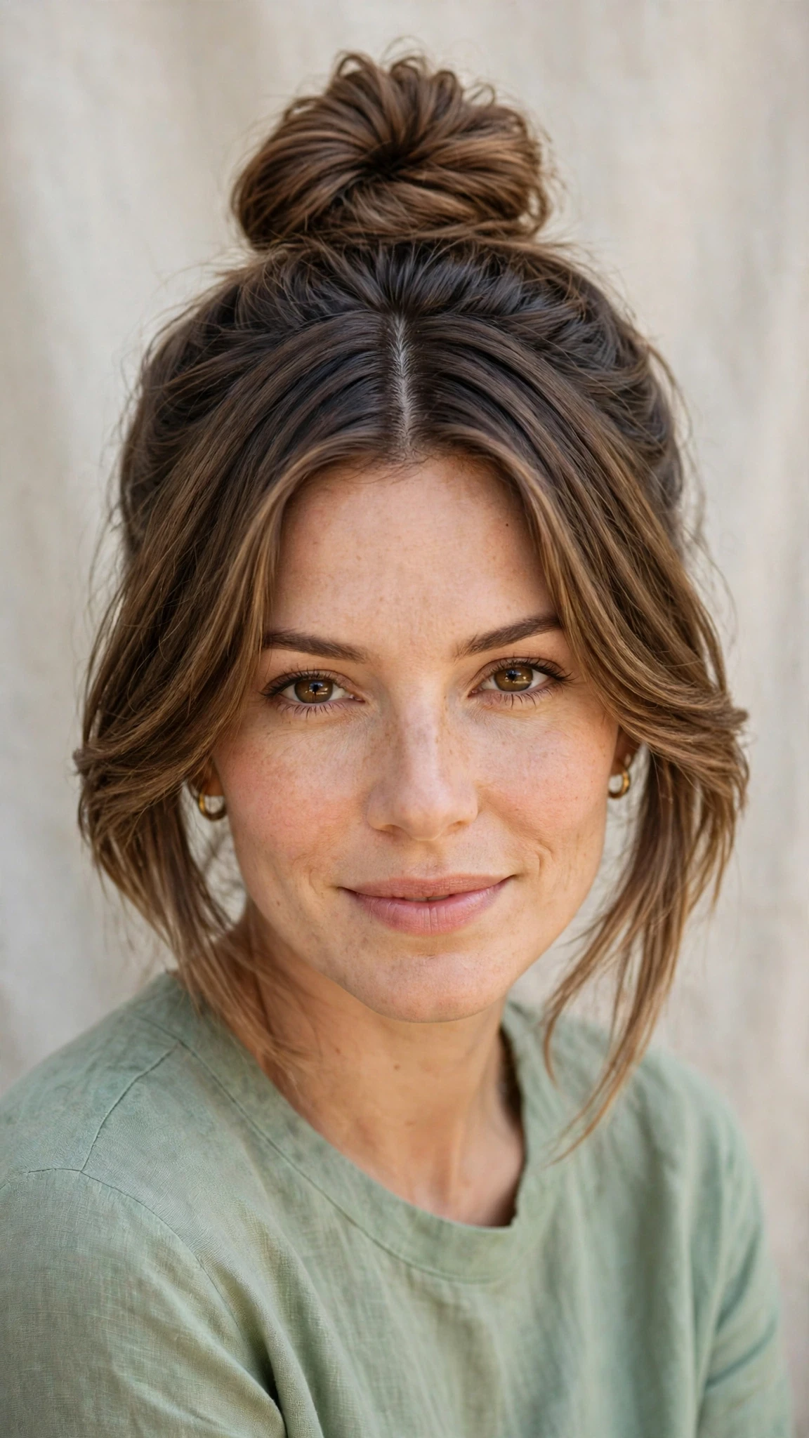 Spring Bun Hairstyles With A Textured Top Knot For Warm Days With A Polished Blowout, A Centre Part With Soft Layers And Natural Brunette Depth