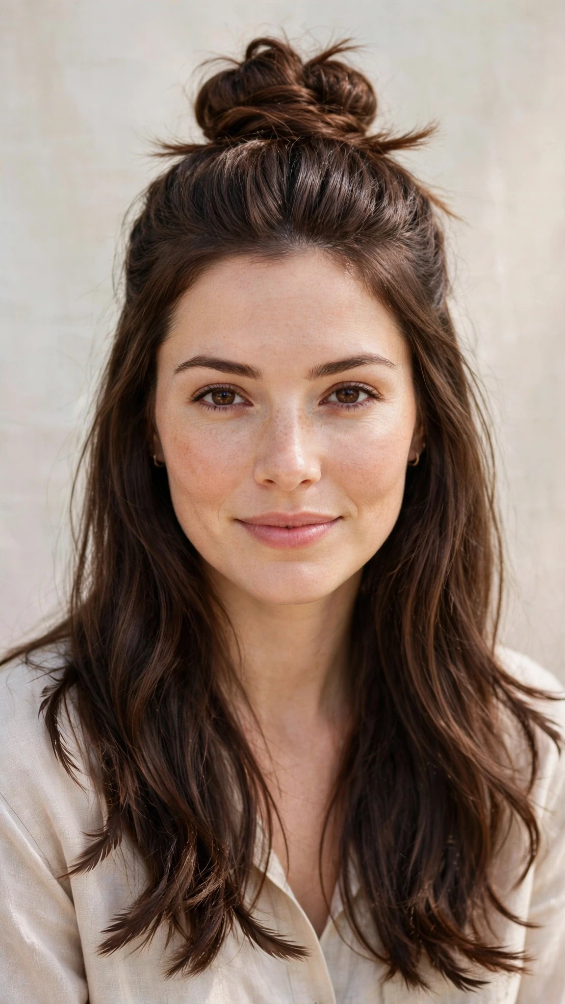 Spring Bun Hairstyles With A Textured Top Knot For Warm Days With Smooth Glossy Lengths, Feathered Ends And Rich Chocolate Depth