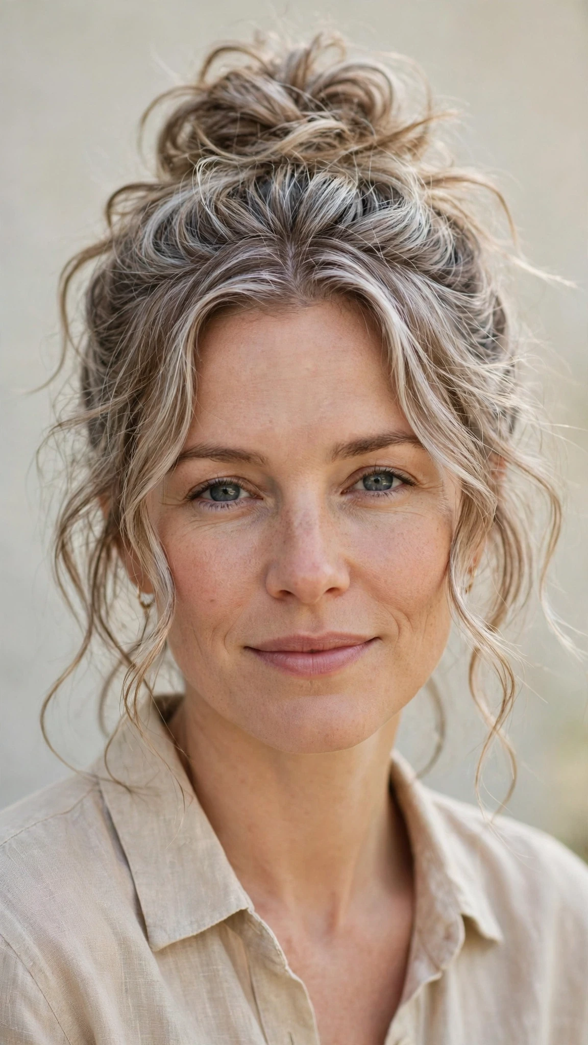 Spring Bun Hairstyles With A Textured Top Knot For Warm Days With A Relaxed Lived-In Wave, Wispy Pieces Around The Face And Silver-Blended Brightness