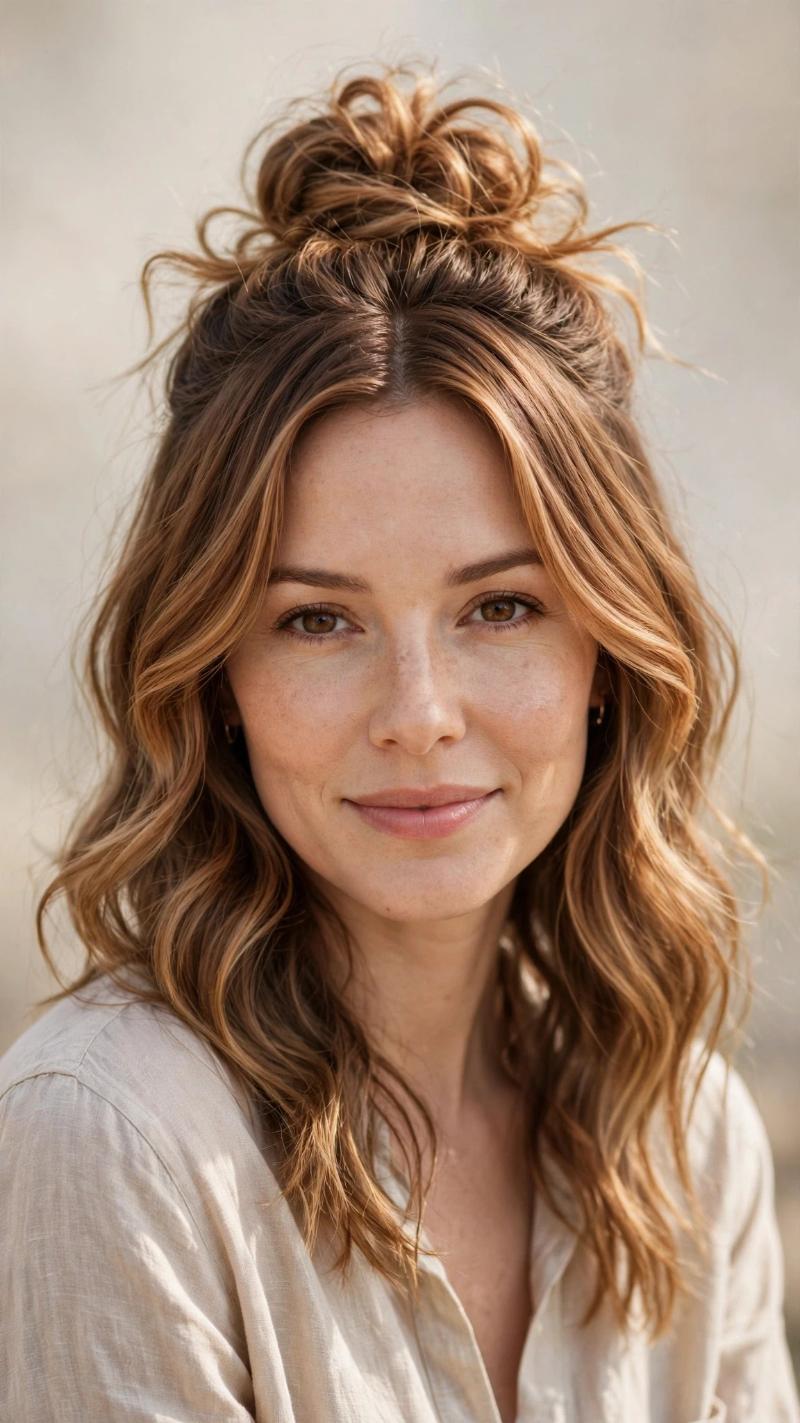 Spring Bun Hairstyles With A Textured Top Knot For Warm Days With Soft Waves, Face-Framing Layers And Warm Caramel Tones