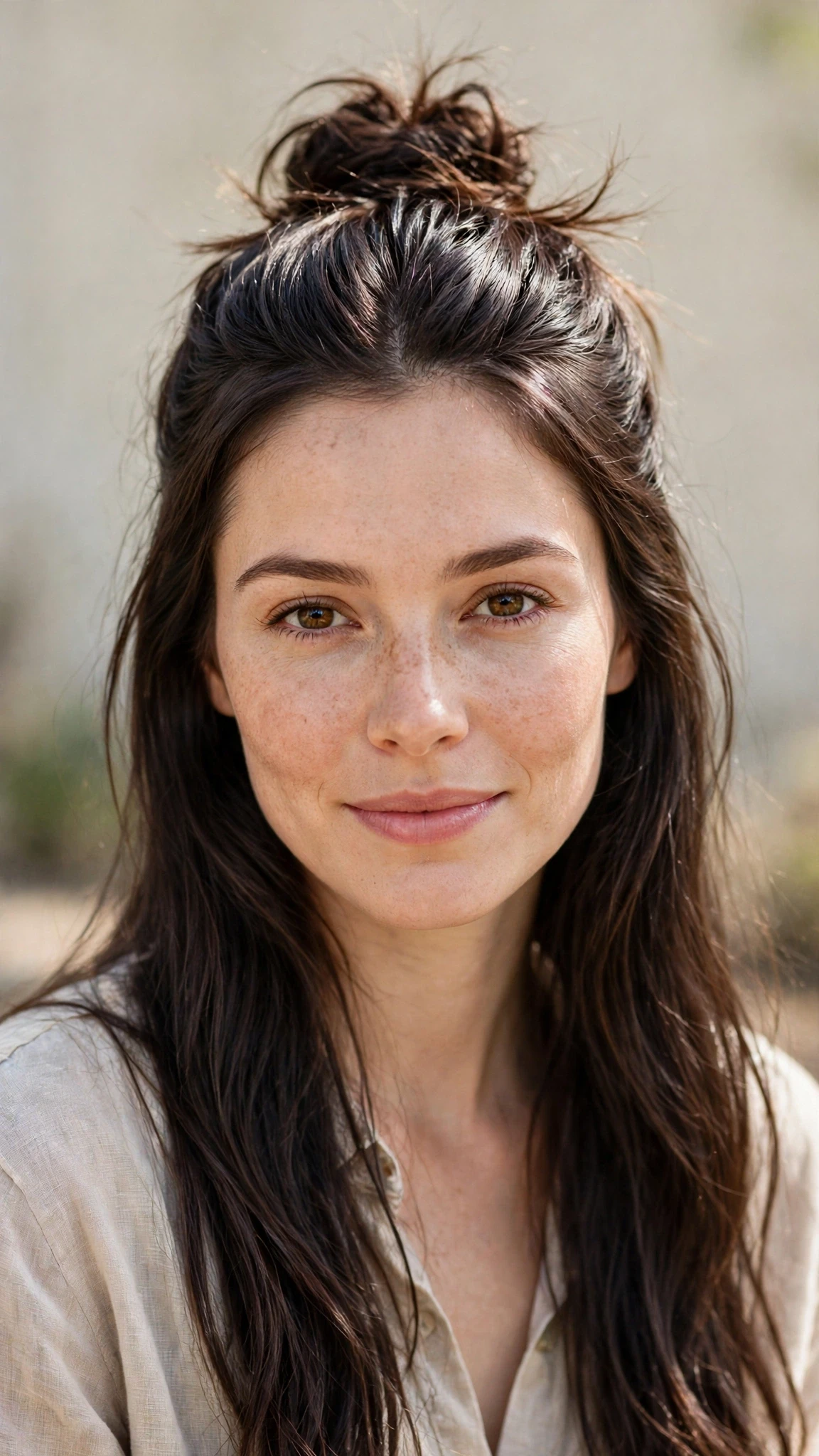 Spring Bun Hairstyles With A Textured Top Knot For Warm Days With Smooth Glossy Lengths, A Deep Side Part And Natural Brunette Depth