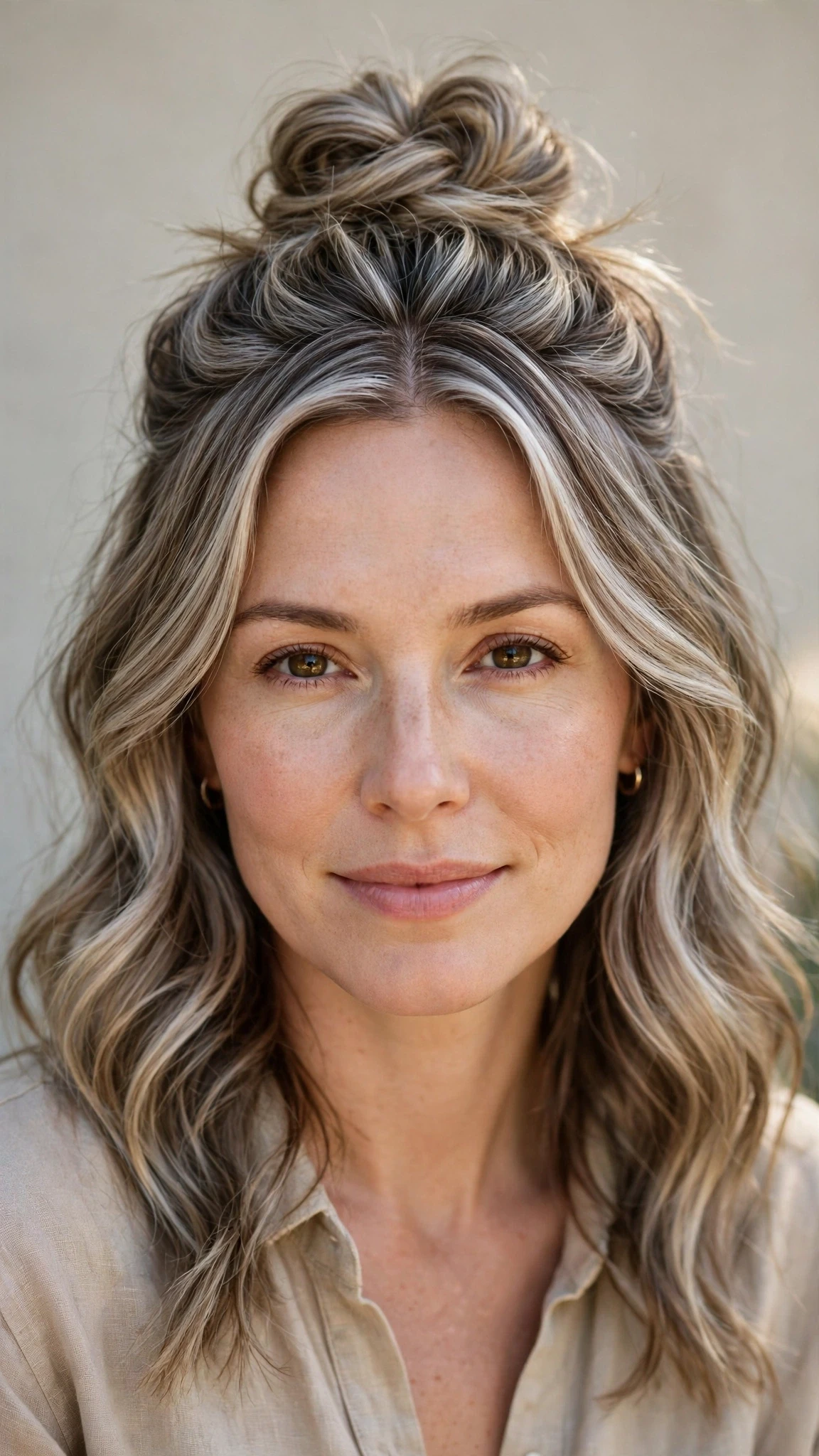 Spring Bun Hairstyles With A Textured Top Knot For Warm Days With Soft Waves, Graduated Layers And Silver-Blended Brightness