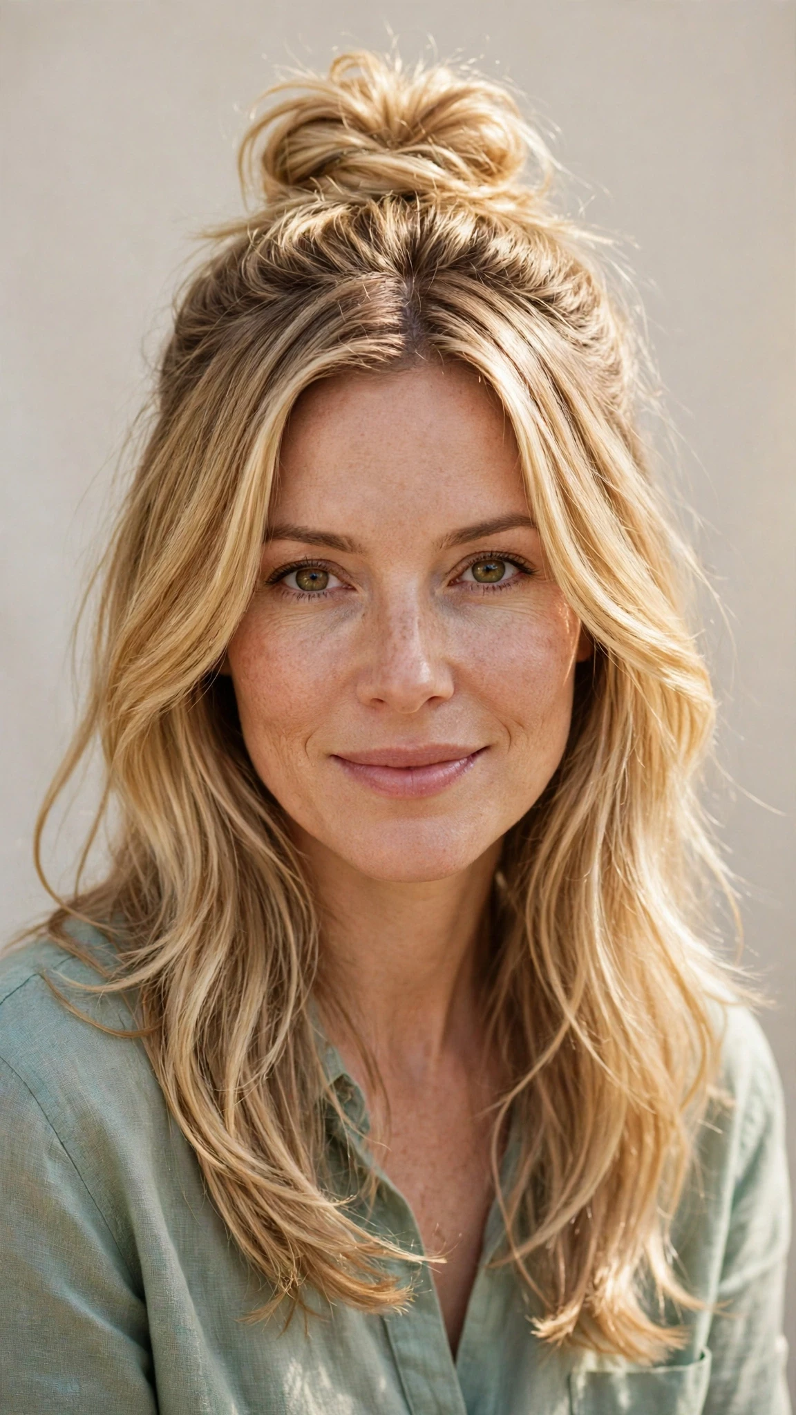 Spring Bun Hairstyles With A Textured Top Knot For Warm Days With A Polished Blowout, Long Soft Layers And Honey Blonde Shine