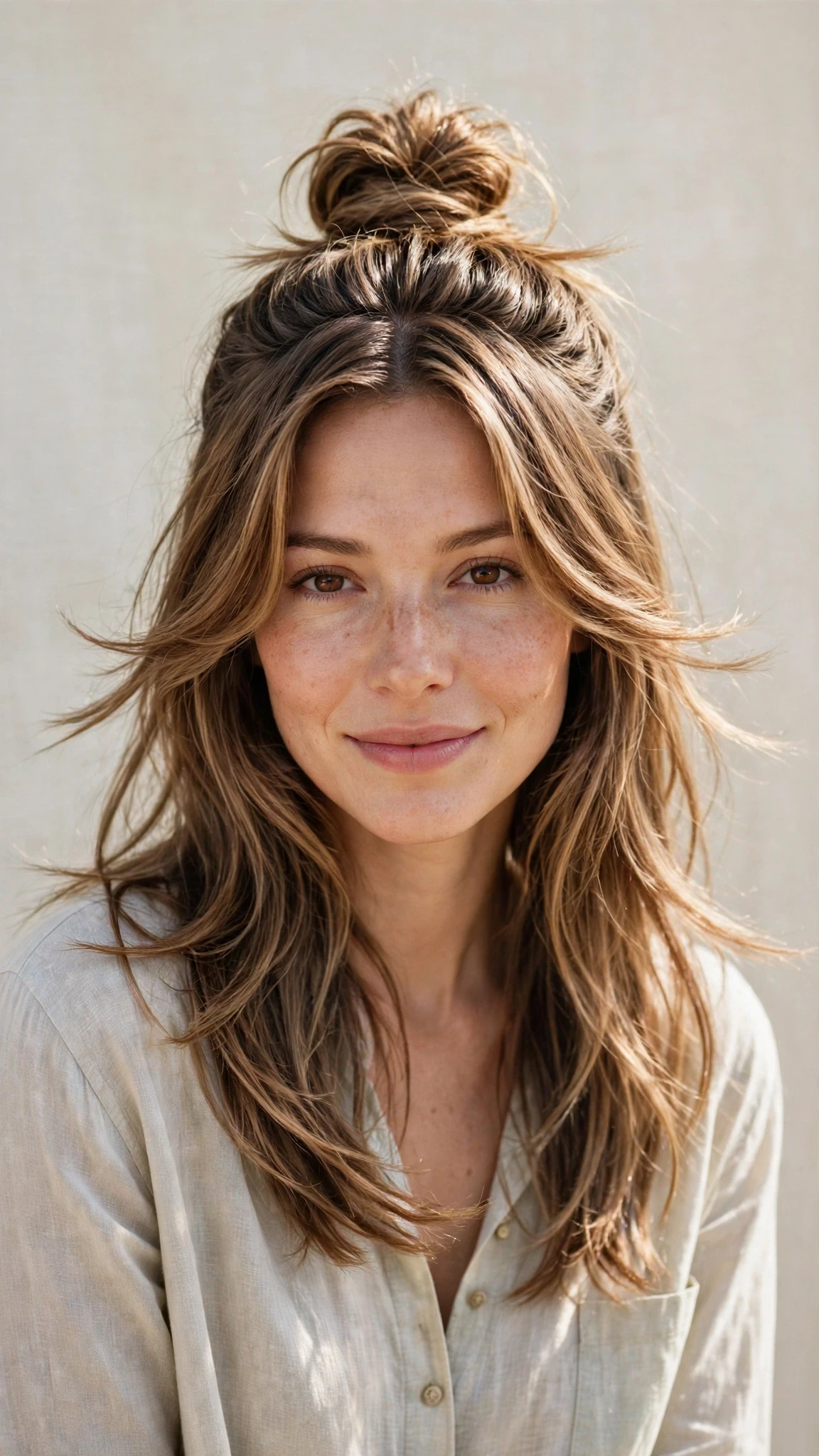 Spring Bun Hairstyles With A Textured Top Knot For Warm Days With Smooth Glossy Lengths, A Layered Shape That Moves And A Fresh Salon Shine