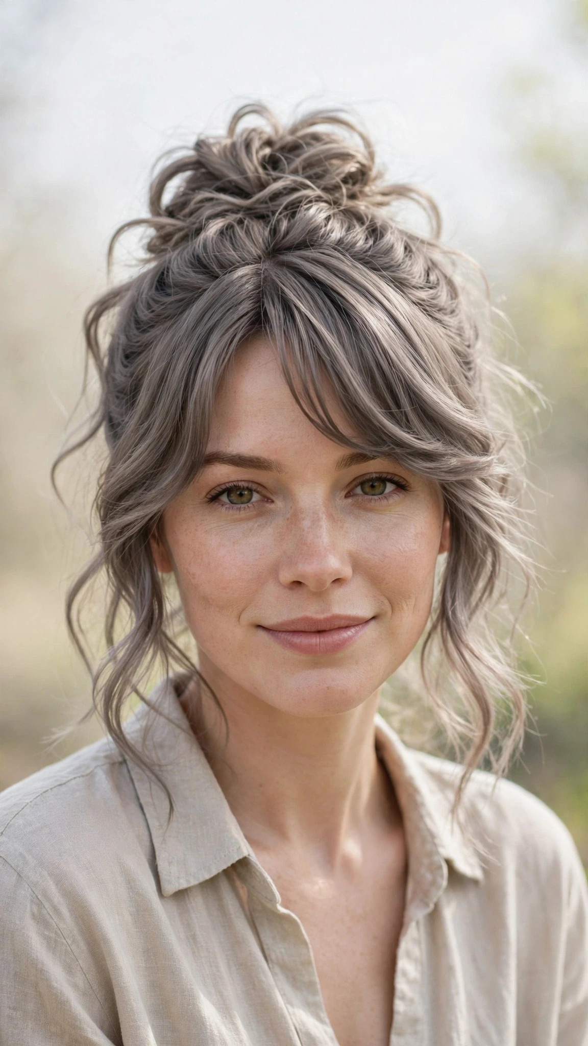 Spring Bun Hairstyles With A Textured Top Knot For Warm Days With Soft Waves, A Soft Side-Swept Fringe And Cool Ash Softness