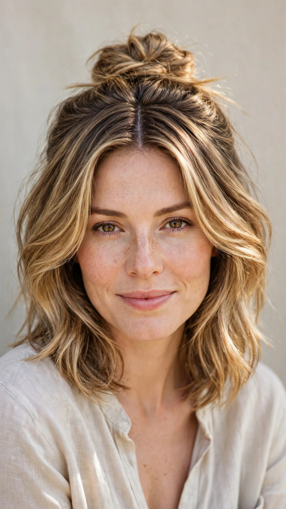 Spring Bun Hairstyles With A Textured Top Knot For Warm Days With A Polished Blowout, A Centre Part With Soft Layers And Soft Golden Pieces