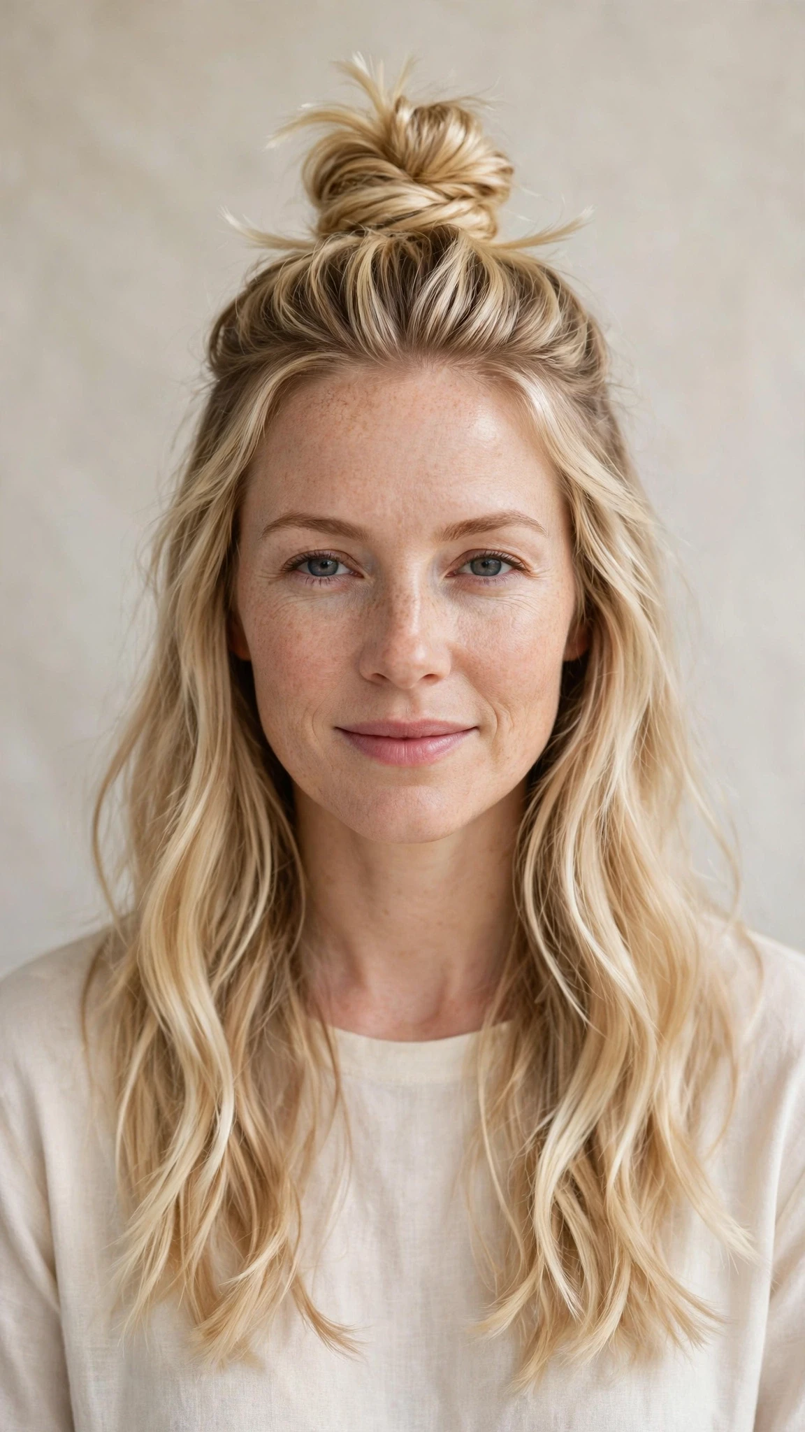 Spring Bun Hairstyles With A Textured Top Knot For Warm Days With Smooth Glossy Lengths, Feathered Ends And Delicate Blonde Dimension
