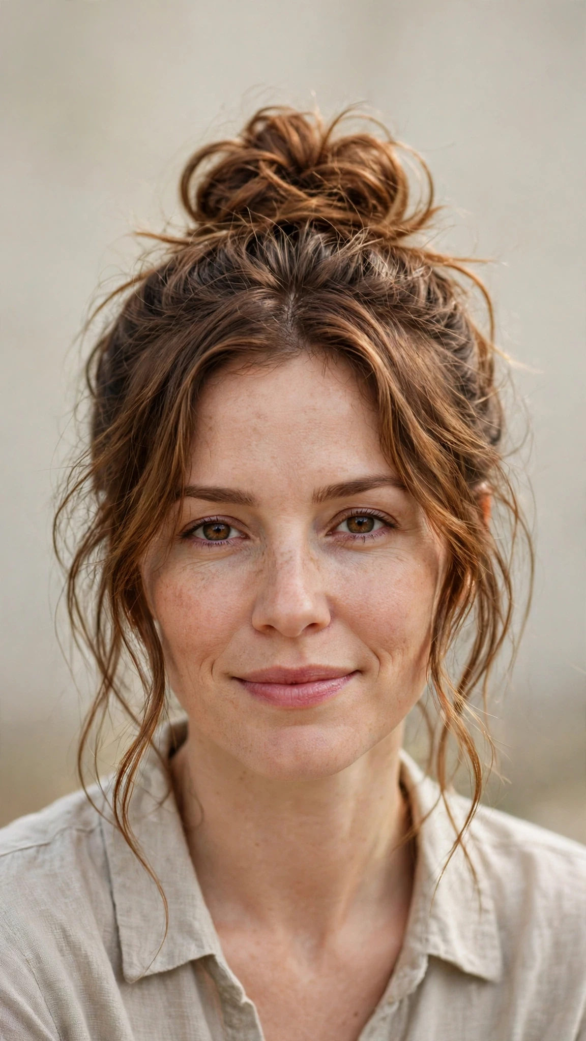 Spring Bun Hairstyles With A Textured Top Knot For Warm Days With A Relaxed Lived-In Wave, Wispy Pieces Around The Face And Warm Chestnut Warmth