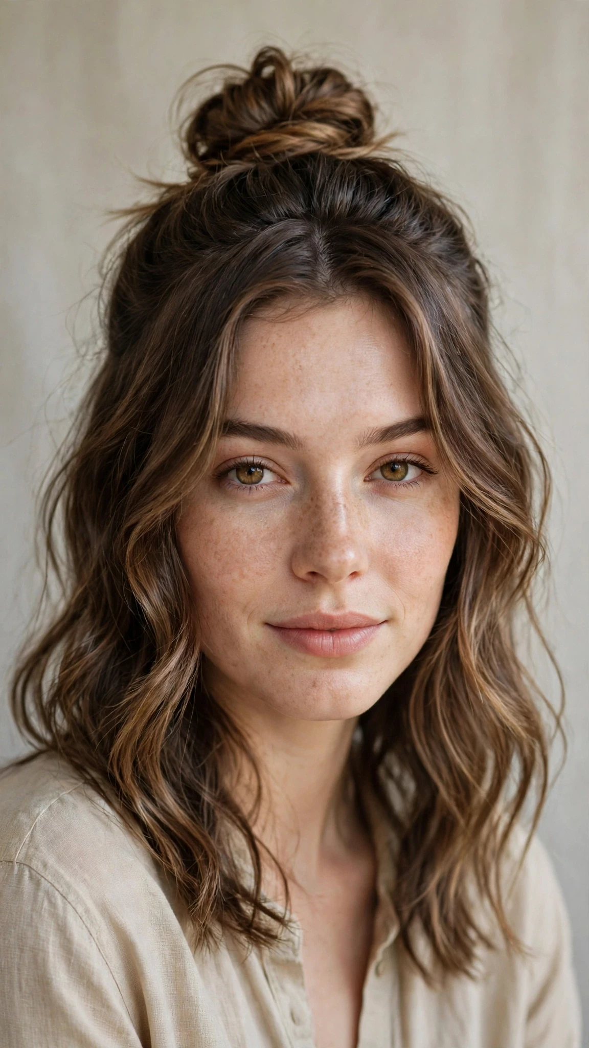 Spring Bun Hairstyles With A Textured Top Knot For Warm Days With Soft Waves, Face-Framing Layers And A Glossy Shine Finish