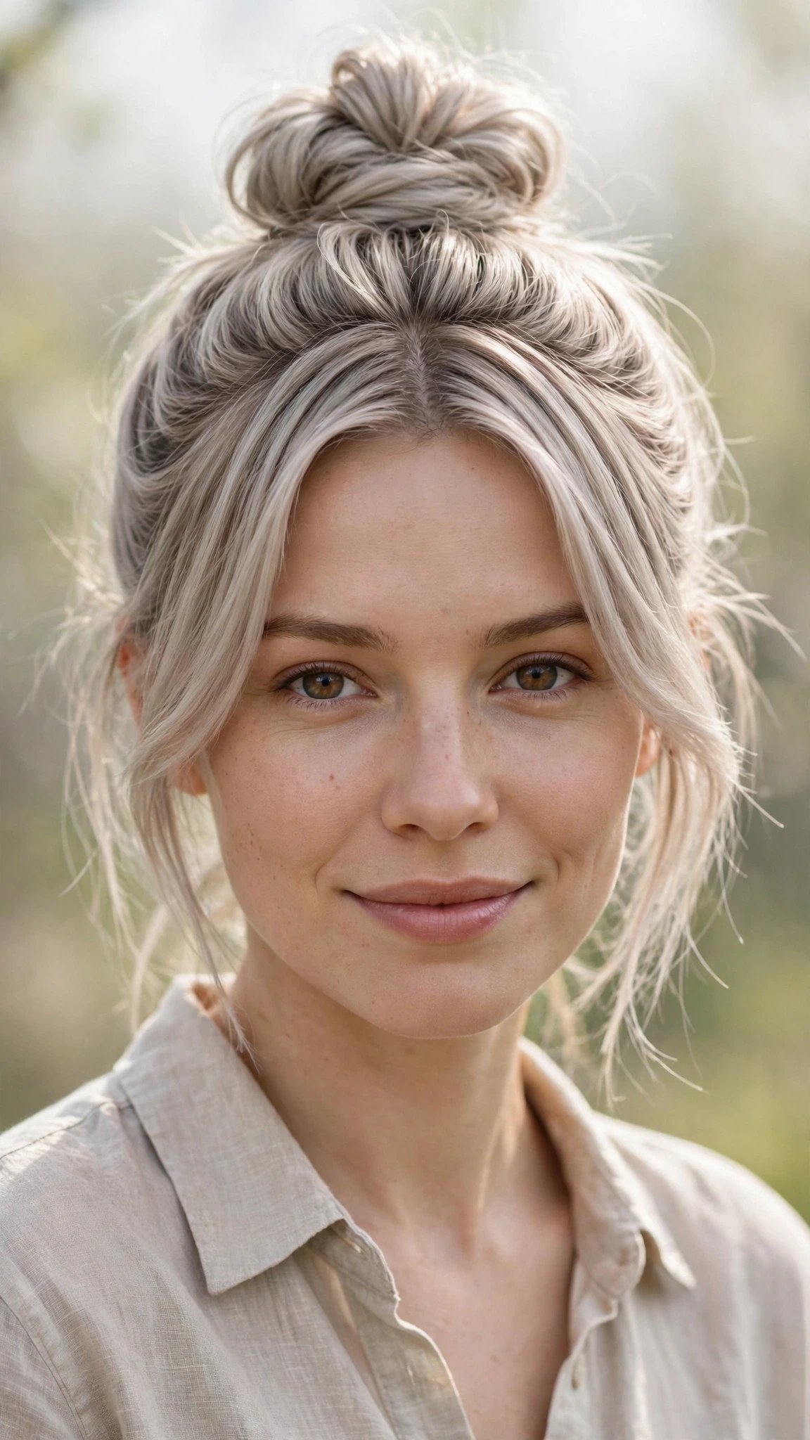 Spring Bun Hairstyles With A Textured Top Knot For Warm Days With A Polished Blowout, Blunt Ends With Soft Layers And Cool Ash Softness