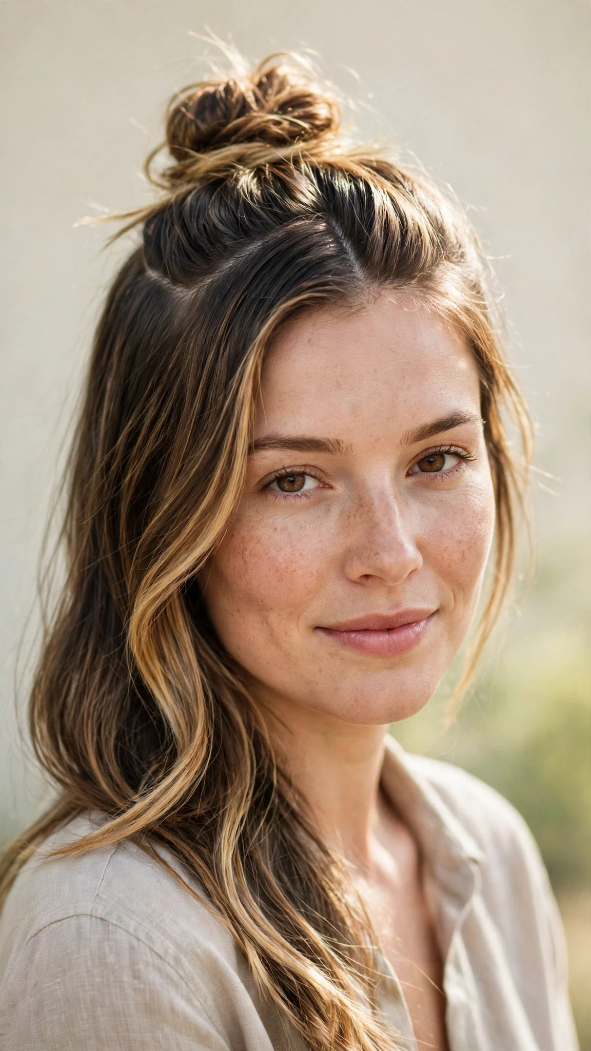 Spring Bun Hairstyles With A Textured Top Knot For Warm Days With Smooth Glossy Lengths, A Deep Side Part And Soft Golden Pieces