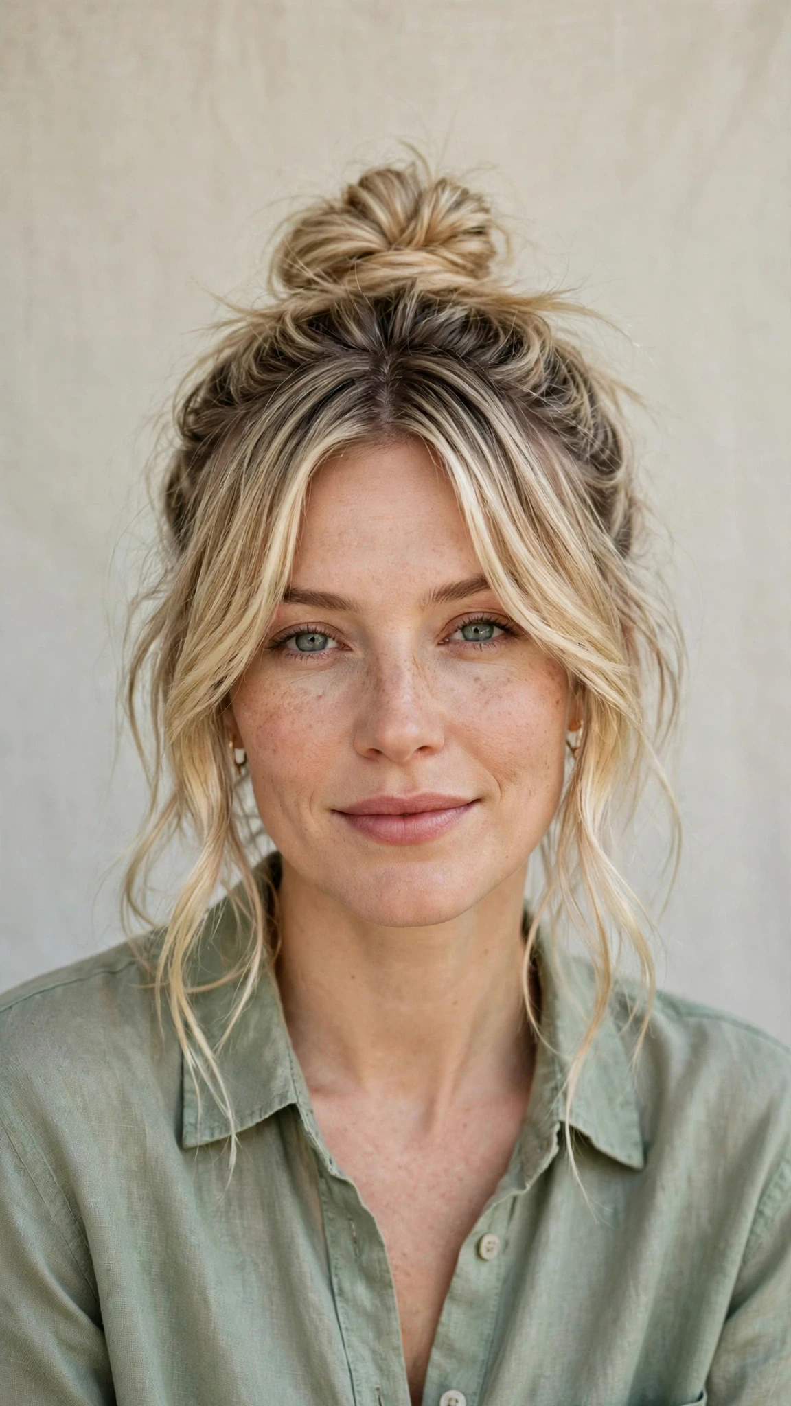 Spring Bun Hairstyles With A Textured Top Knot For Warm Days With A Relaxed Lived-In Wave, Curtain Pieces And Delicate Blonde Dimension