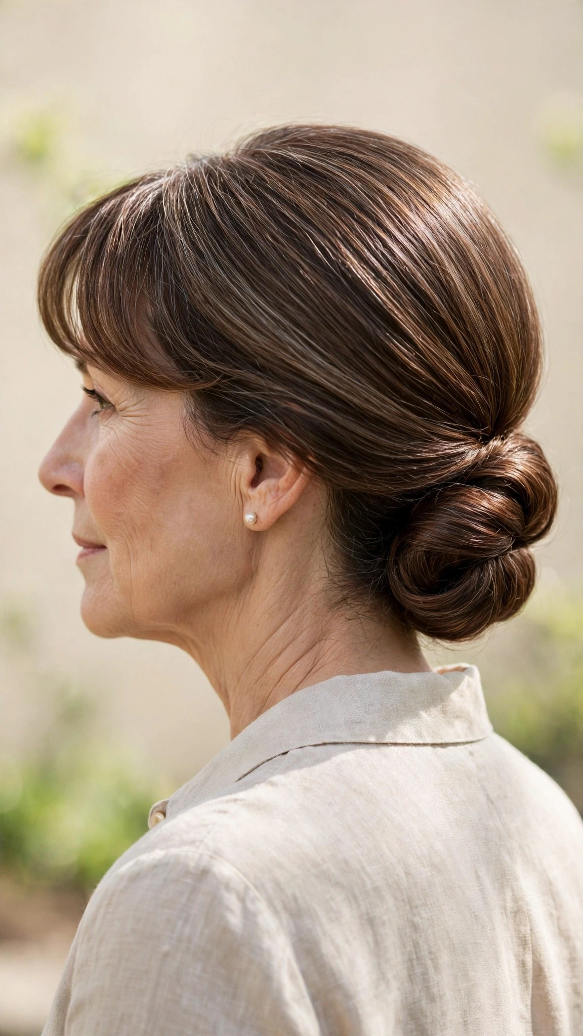 Spring Chignon Hairstyles For Easter Lunch With Smooth Glossy Lengths, A Soft Side-Swept Fringe And A Glossy Shine Finish