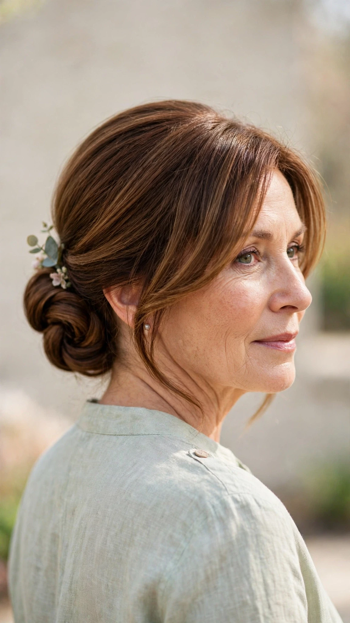 Spring Chignon Hairstyles For Easter Lunch With Smooth Glossy Lengths, Face-Framing Layers And Warm Chestnut Warmth