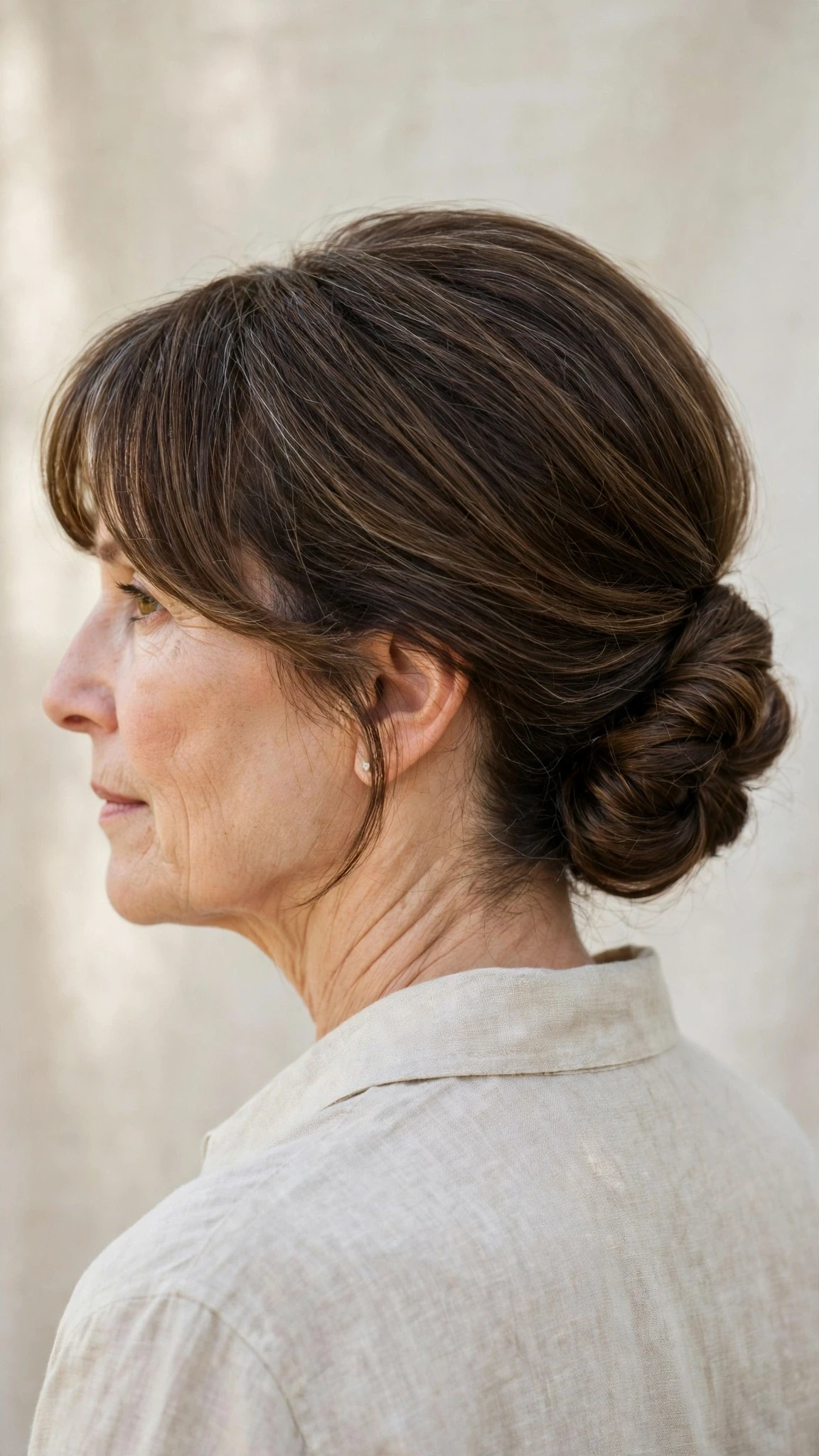 Spring Chignon Hairstyles For Easter Lunch With A Polished Blowout, Curtain Pieces And Natural Brunette Depth