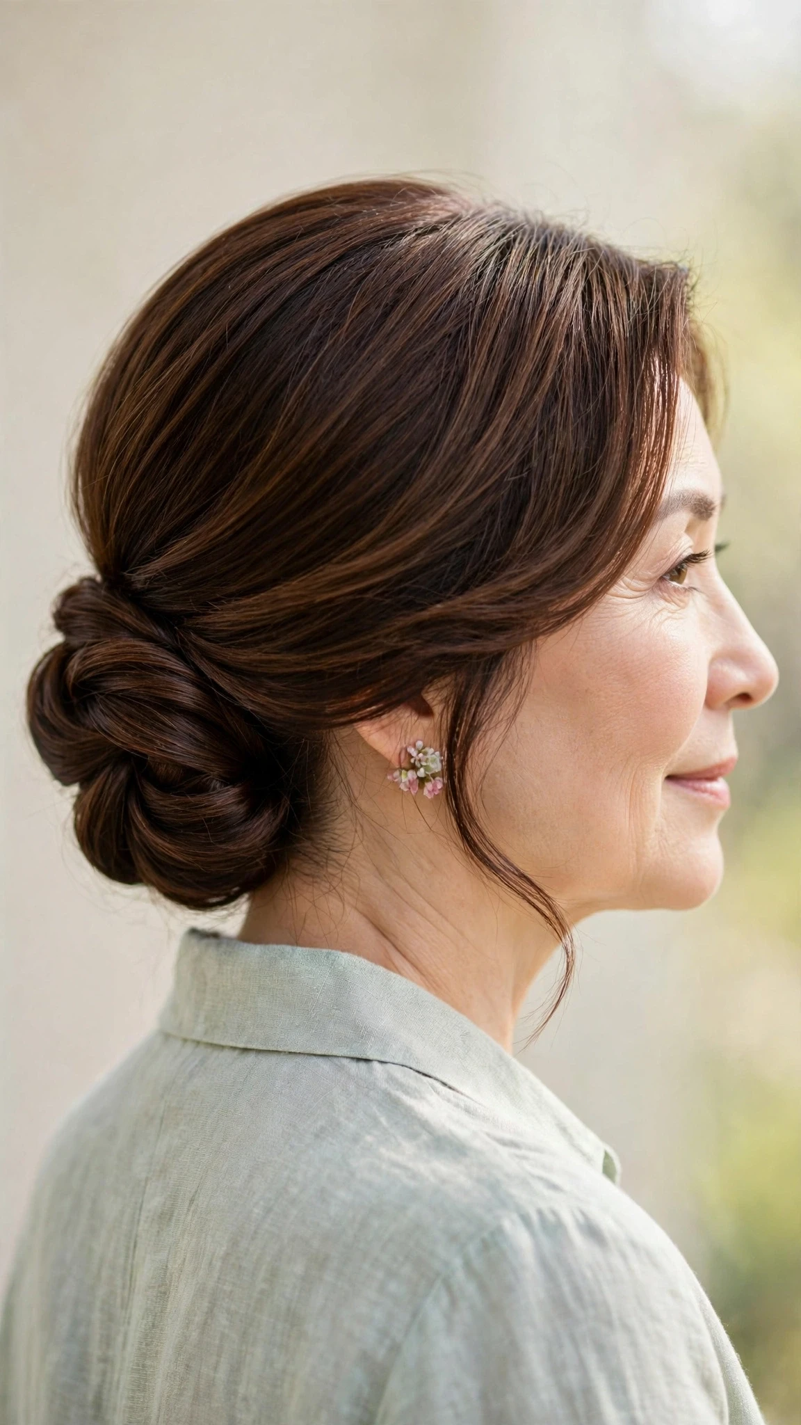 Spring Chignon Hairstyles For Easter Lunch With Smooth Glossy Lengths, Graduated Layers And Rich Chocolate Depth
