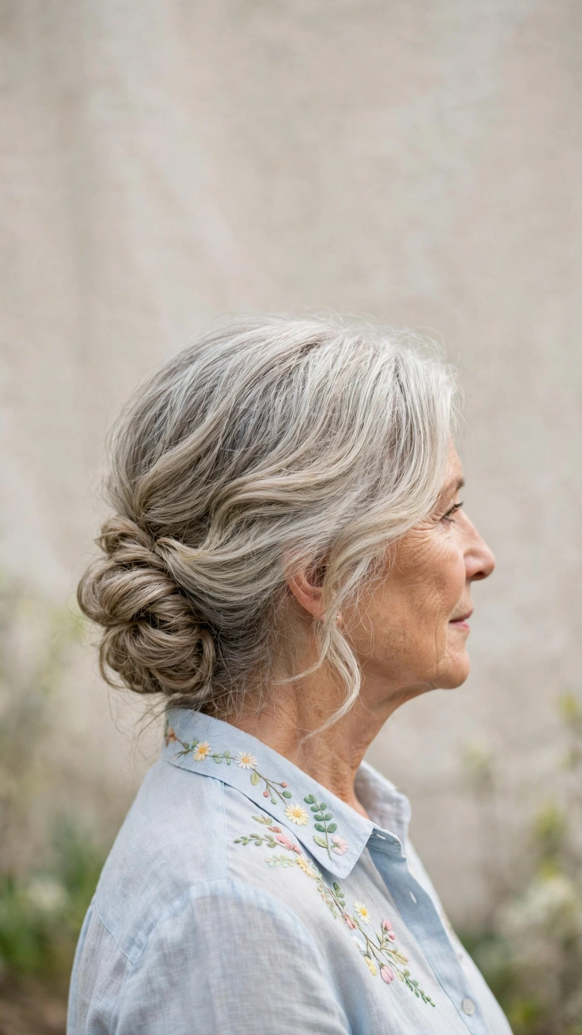 Spring Chignon Hairstyles For Easter Lunch With A Relaxed Lived-In Wave, Long Soft Layers And Silver-Blended Brightness