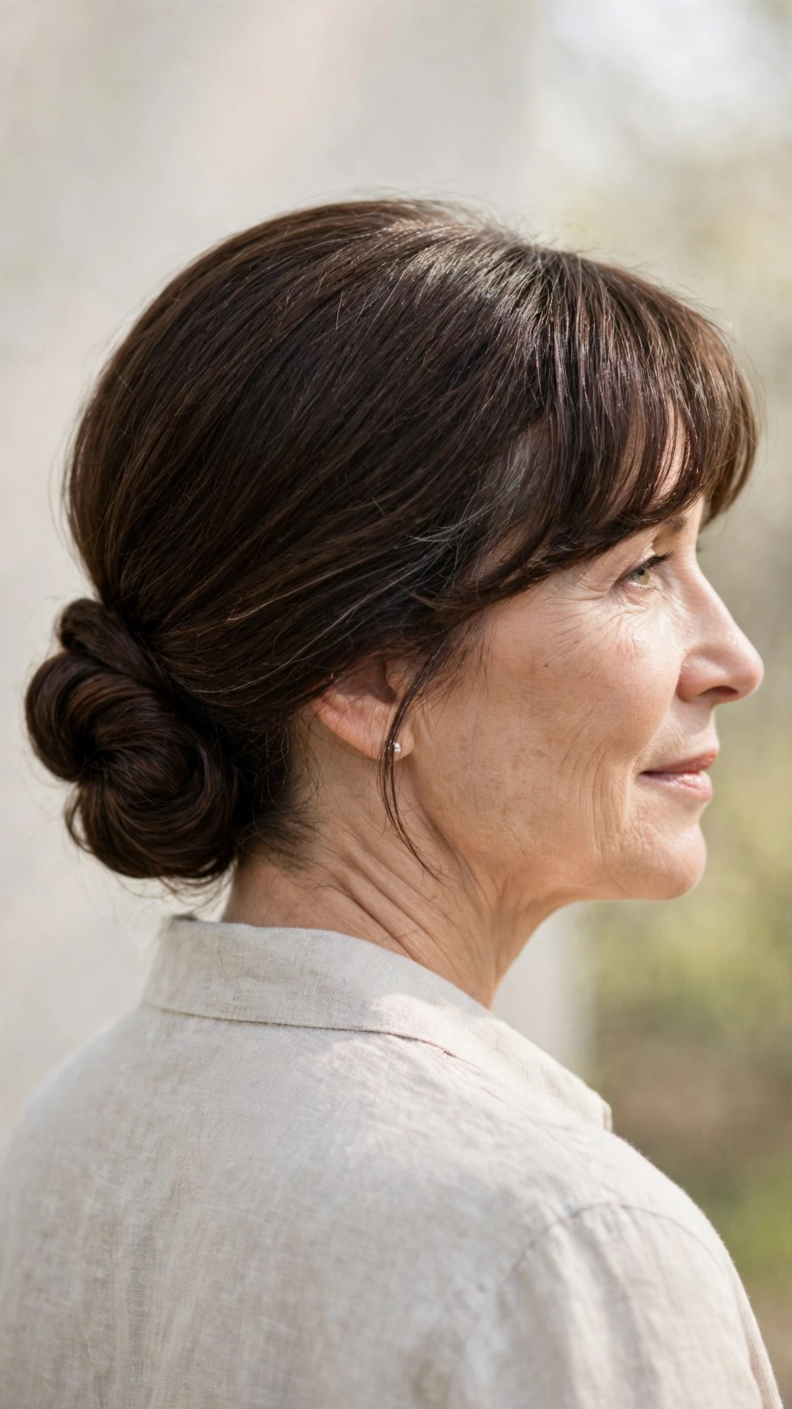 Spring Chignon Hairstyles For Easter Lunch With Smooth Glossy Lengths, A Soft Side-Swept Fringe And Natural Brunette Depth