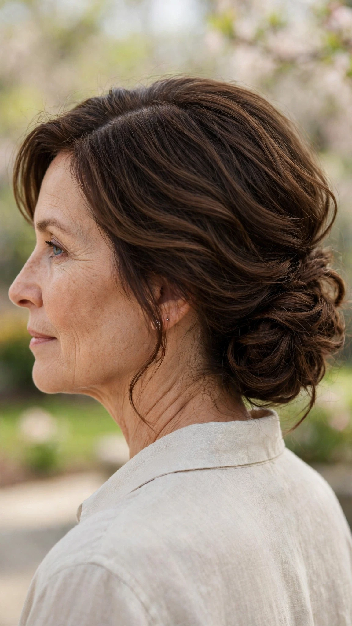 Spring Chignon Hairstyles For Easter Lunch With A Relaxed Lived-In Wave, A Centre Part With Soft Layers And Rich Chocolate Depth
