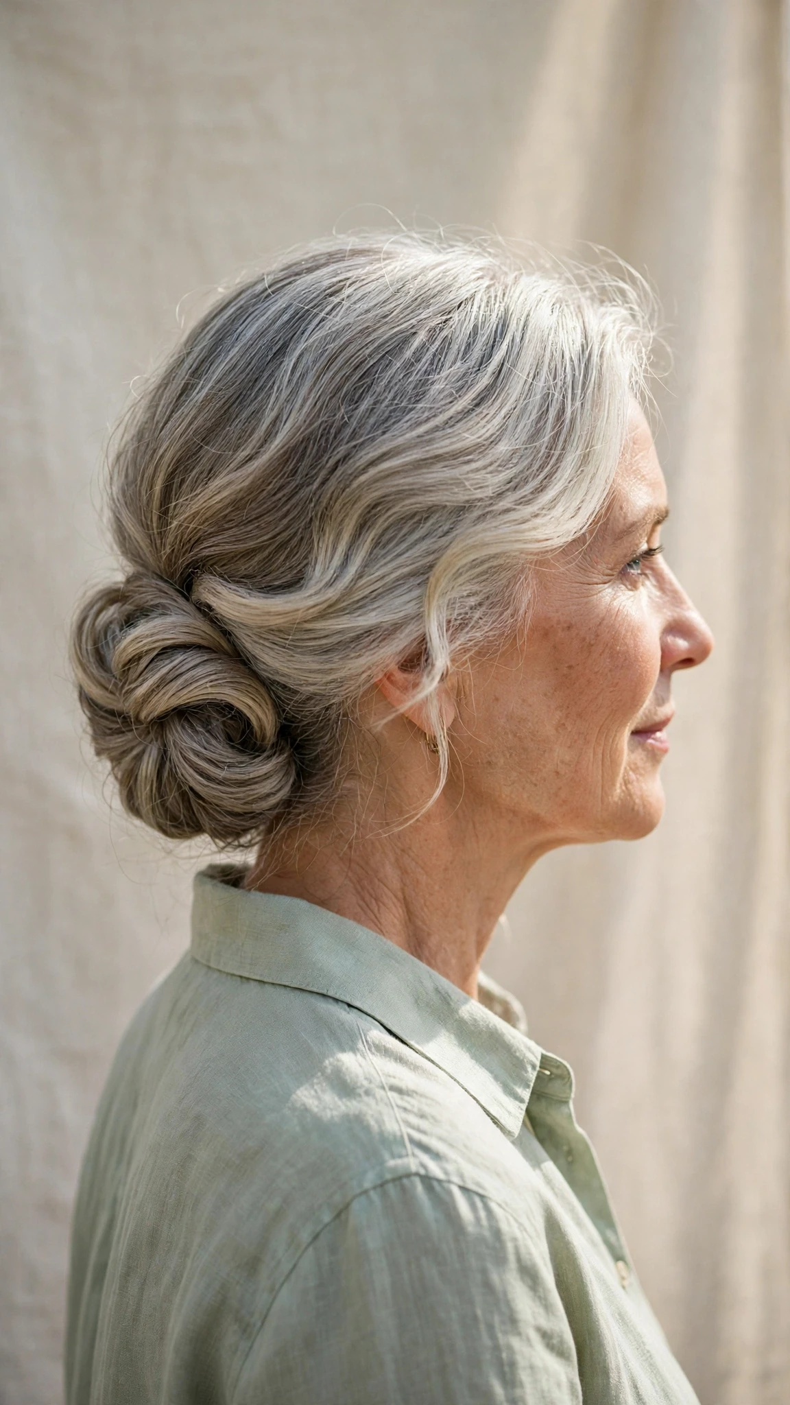 Spring Chignon Hairstyles For Easter Lunch With Soft Waves, Feathered Ends And Silver-Blended Brightness