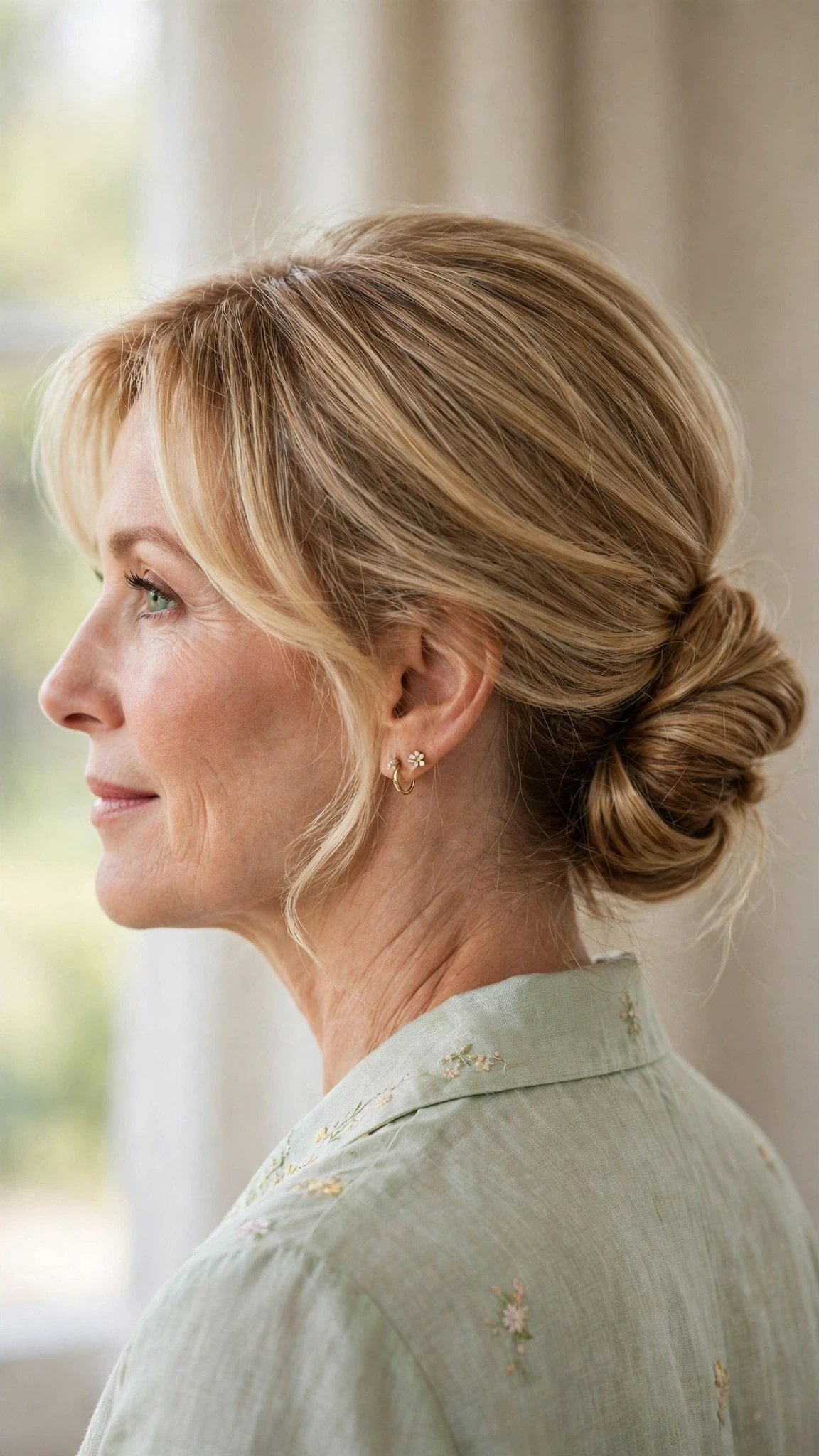 Spring Chignon Hairstyles For Easter Lunch With A Polished Blowout, Wispy Pieces Around The Face And Honey Blonde Shine